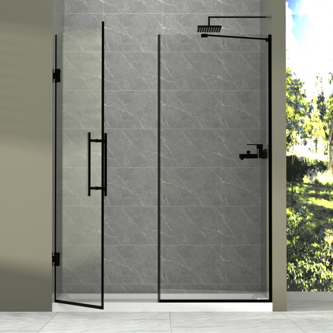 58 58 2 1In. W X 71 In. H Semi Frameless Double Hinges Shower Door In Matte Black,Tempered Glass,Reversible Installation Black Glass