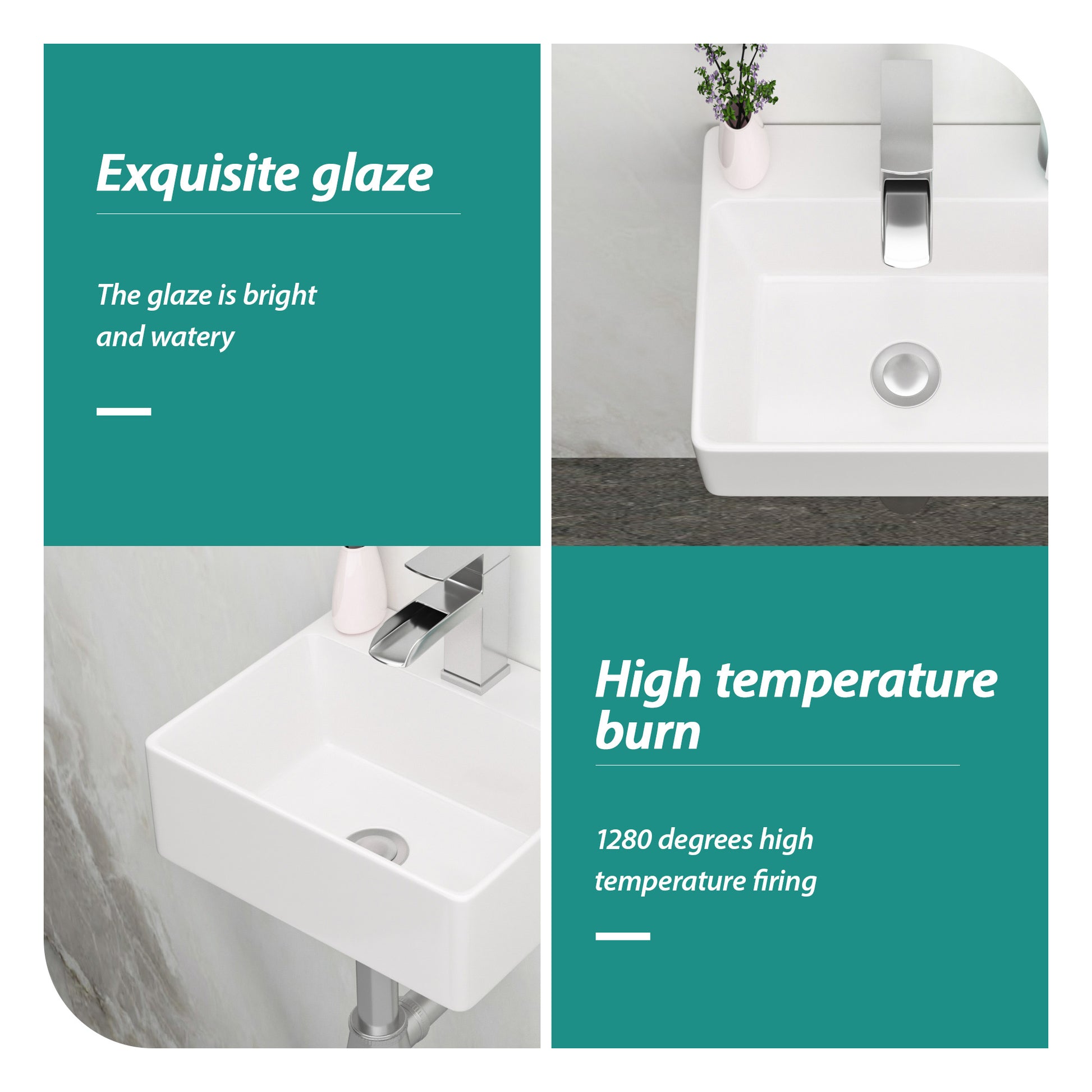 13.6X11.6 Inch White Ceramic Rectangle Wall Mount Bathroom Sink With Single Faucet Hole White Ceramic