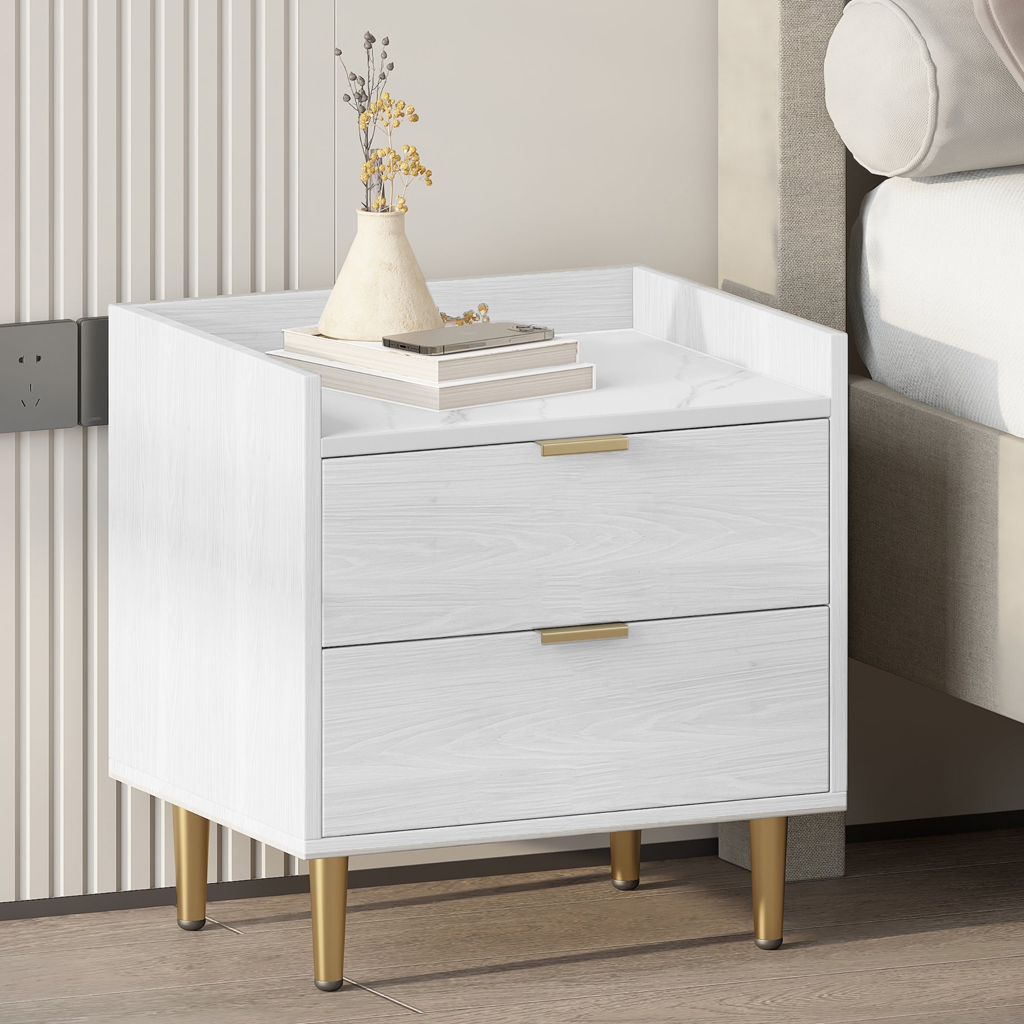 Wooden Nightstand With 2 Drawers And Marbling Worktop, Mordern Wood Bedside Table With Metal Legs&Handles,White White Mdf Metal