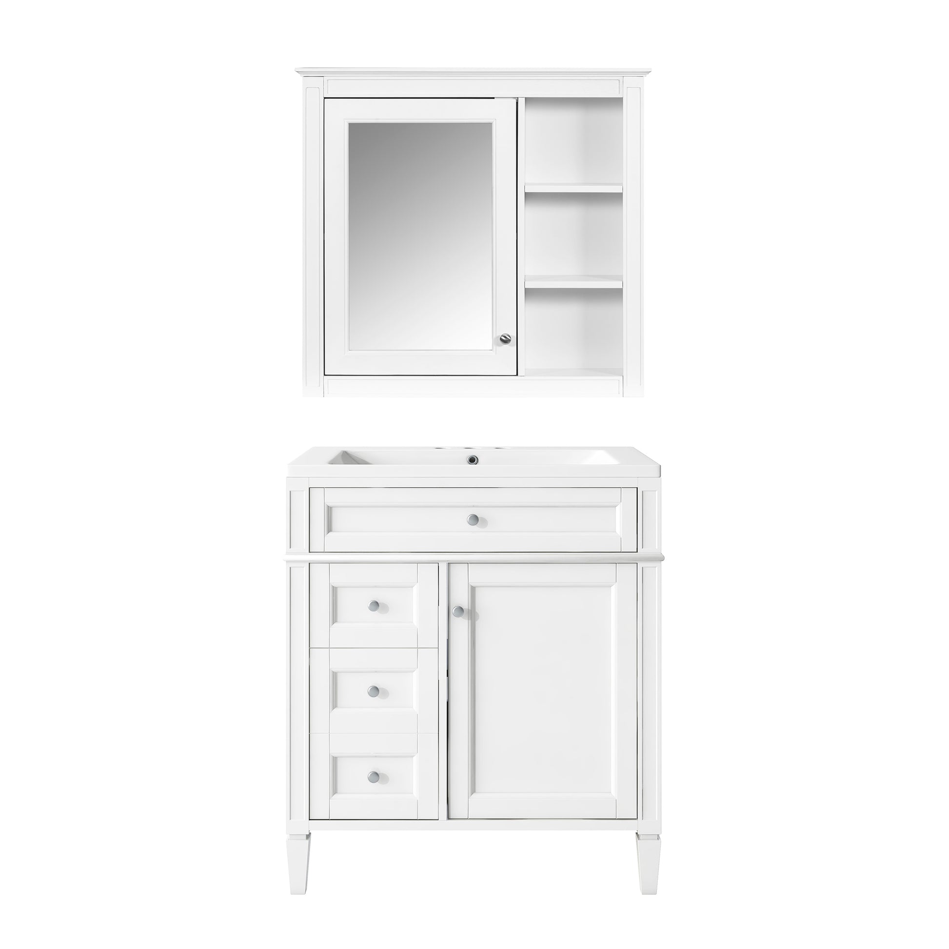 30'' Bathroom Vanity With Top Sink, Modern Bathroom Storage Cabinet With 2 Drawers And A Tip Out Drawer, Freestanding Vanity Set With Mirror Cabinet, Single Sink Bathroom Vanity White Bathroom Solid