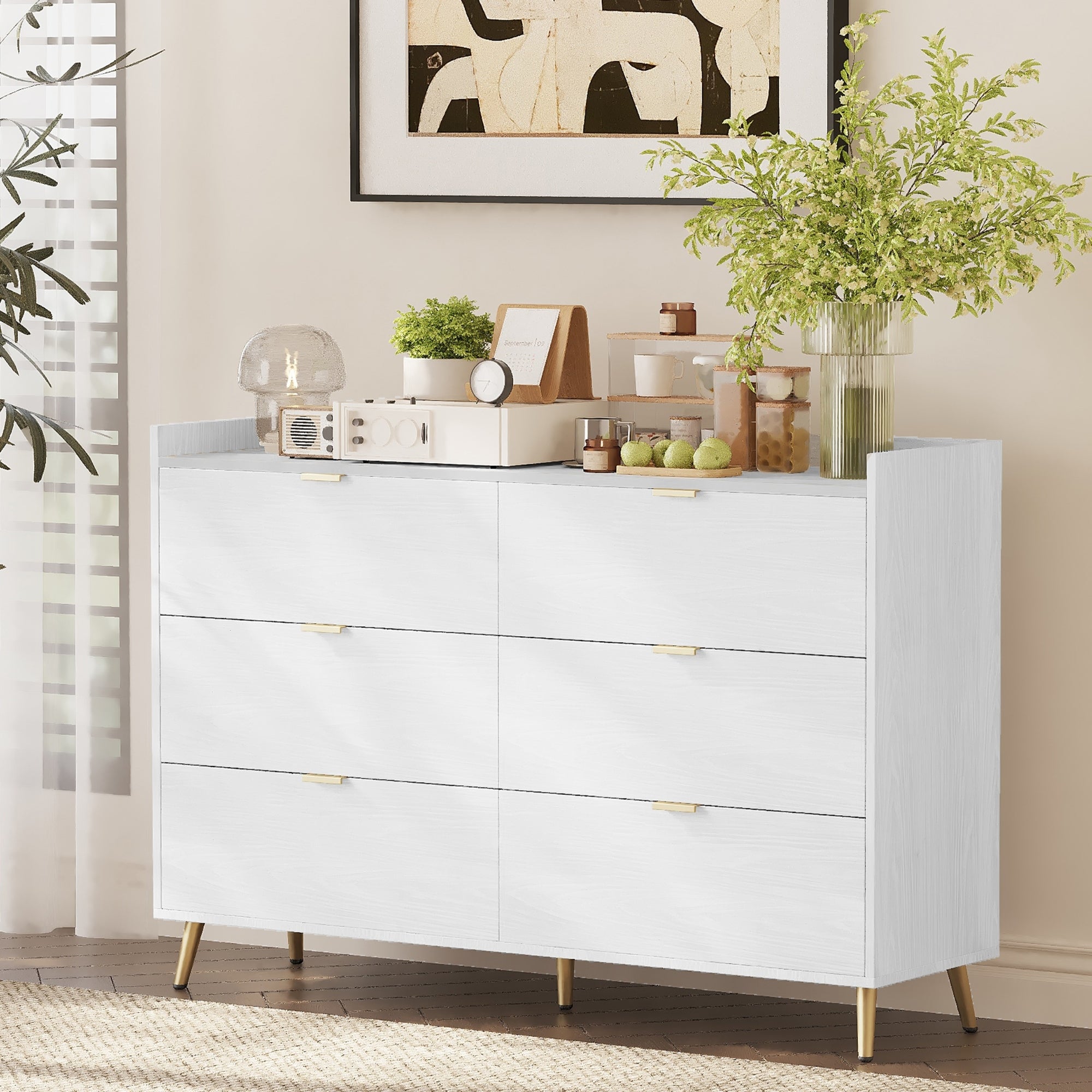 55" Long 6 Drawer Dresser With Marbling Worktop, Mordern Storage Cabinet With Metal Leg And Handle For Bedroom, White White Mdf Metal