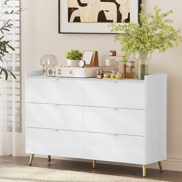 55" Long 6 Drawer Dresser With Marbling Worktop, Mordern Storage Cabinet With Metal Leg And Handle For Bedroom, White White Mdf Metal