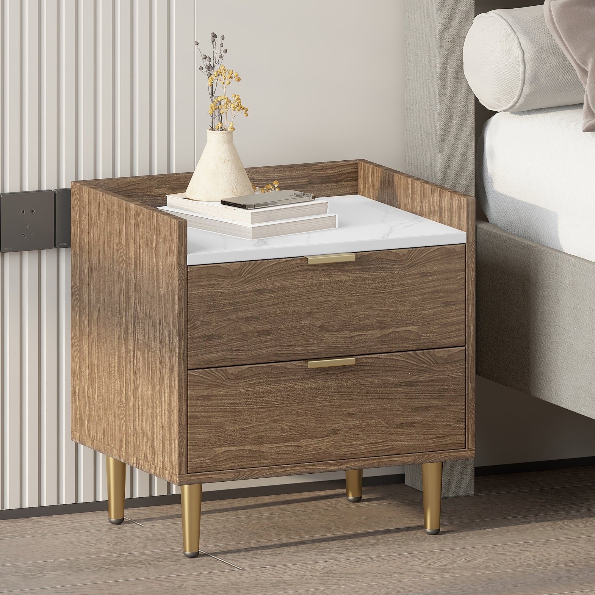 Wooden Nightstand With 2 Drawers And Marbling Worktop, Mordern Wood Bedside Table With Metal Legs&Handles, Walnut Walnut Mdf Metal