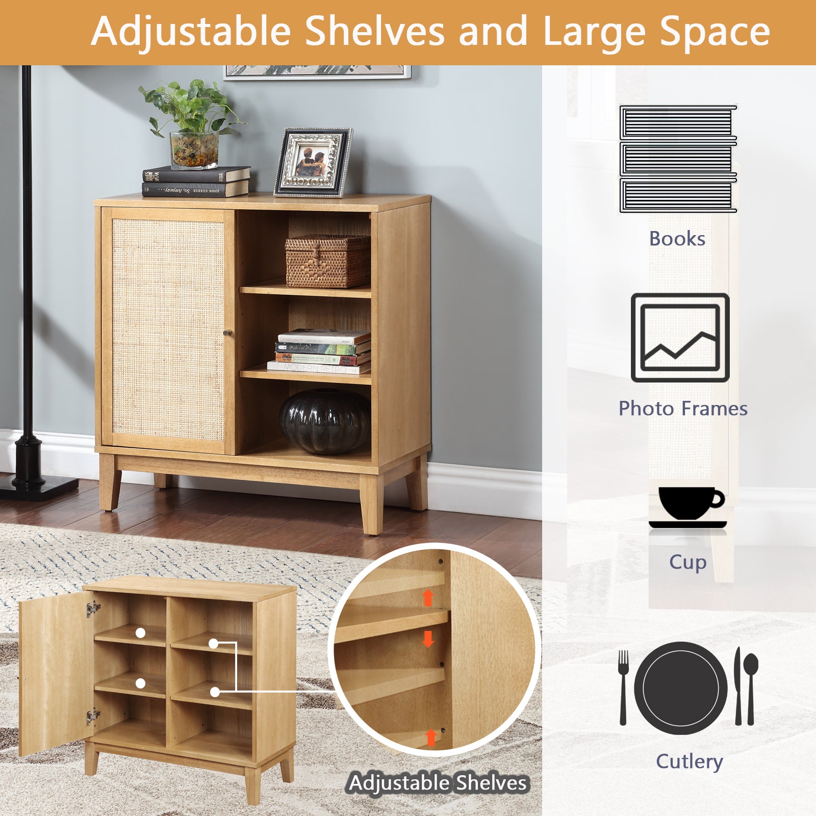 Buffet Cabinet With Storage,Storage Cabinet With Natural Rattan Decorated Doors,Rattan Cabinet With Adjustable Shelf,Sideboard For Living Room,Kitchen,Hallway,1 Doors, Shelf With Storage, Natural Natural Rubber Wood