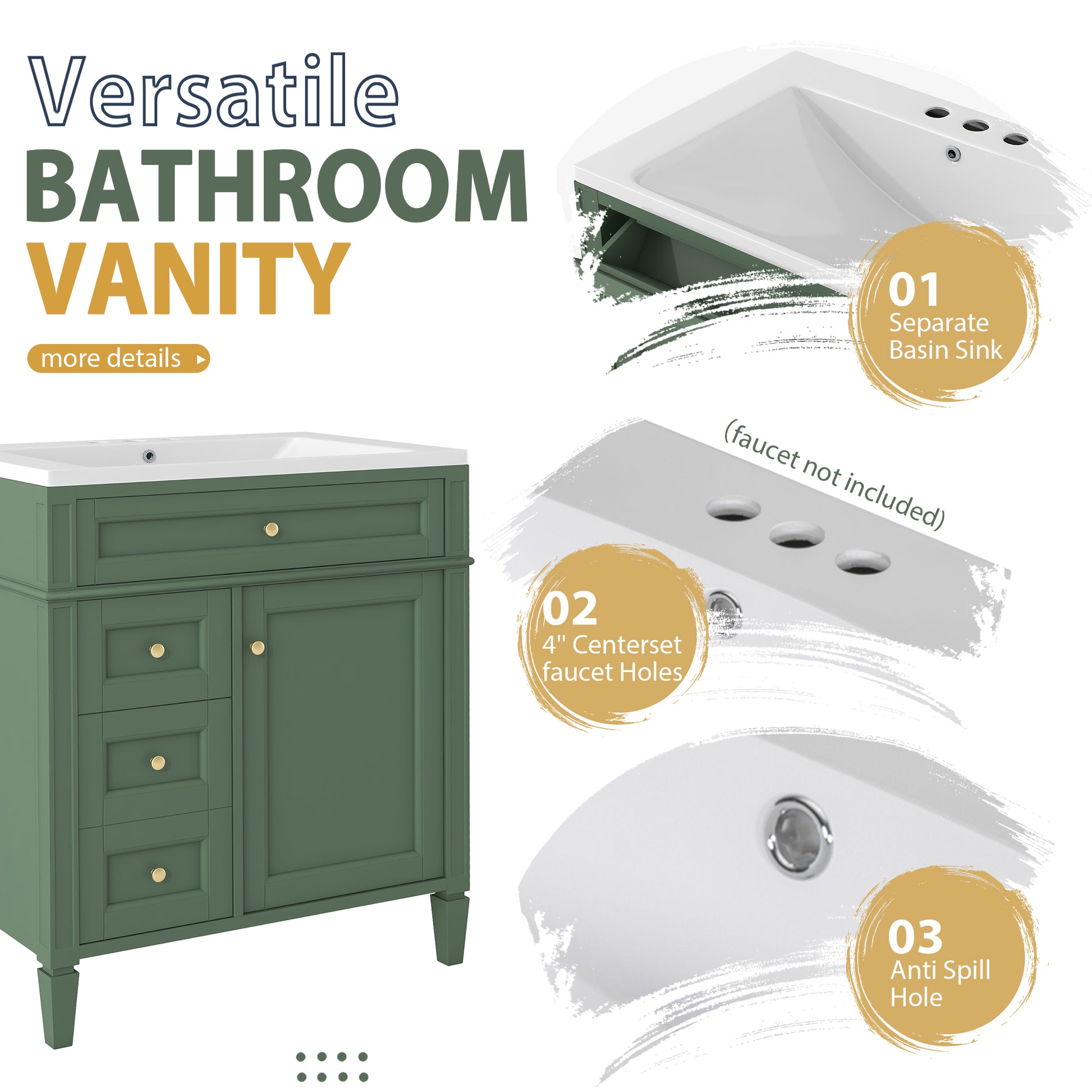 30'' Bathroom Vanity With Top Sink, Modern Bathroom Storage Cabinet With 2 Drawers And A Tip Out Drawer, Freestanding Vanity Set With Mirror Cabinet, Single Sink Bathroom Vanity 3 Green 2 5 Bathroom Freestanding Solid Wood Mdf Resin Painted