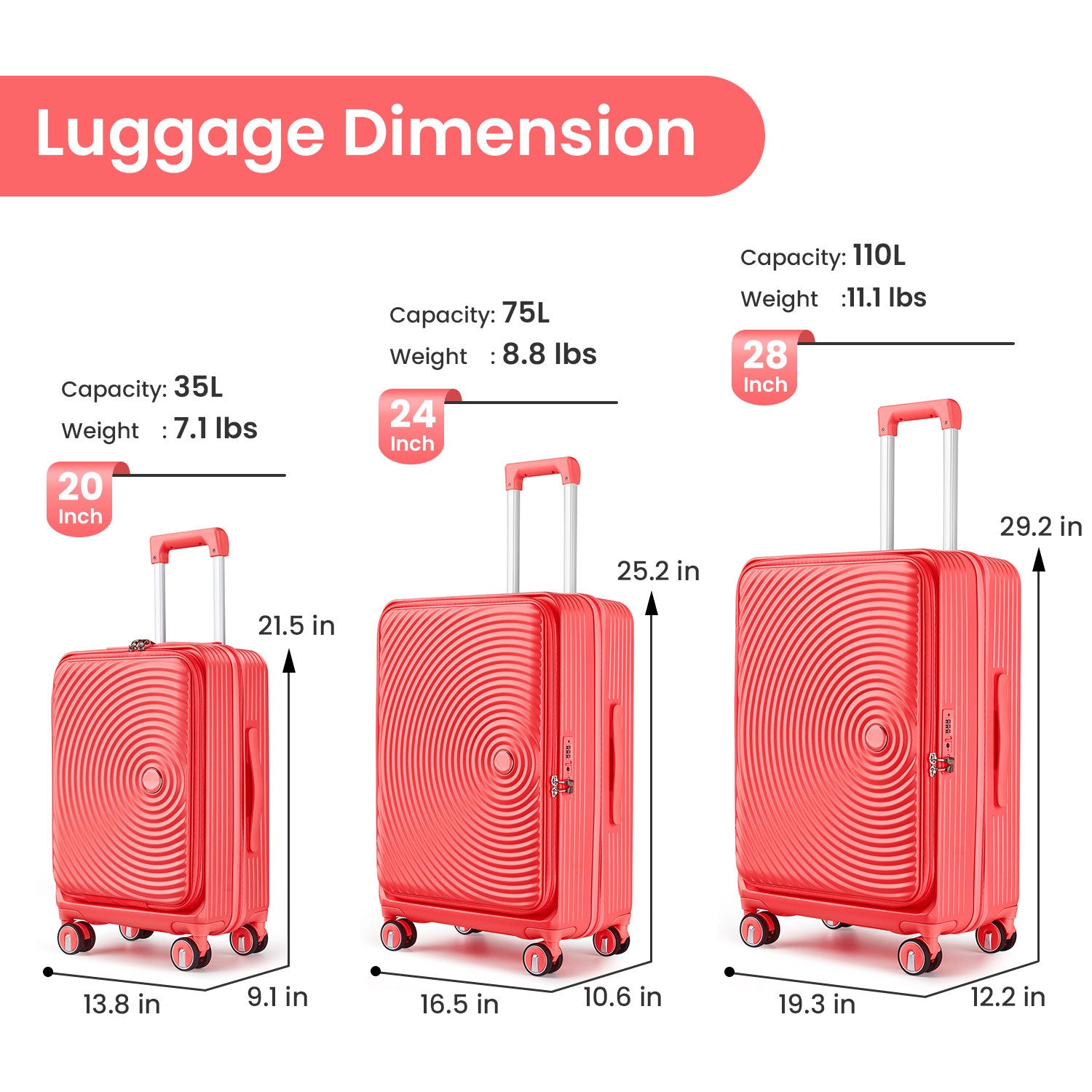 Luggage Sets 3 Piece 20 24 28 , Expandable Carry On Luggage With Tsa Lock Airline Approved, 100% Pc Hard Shell And Lightweight Suitcase With Front Pocket And Spinner Wheels Orange Pc