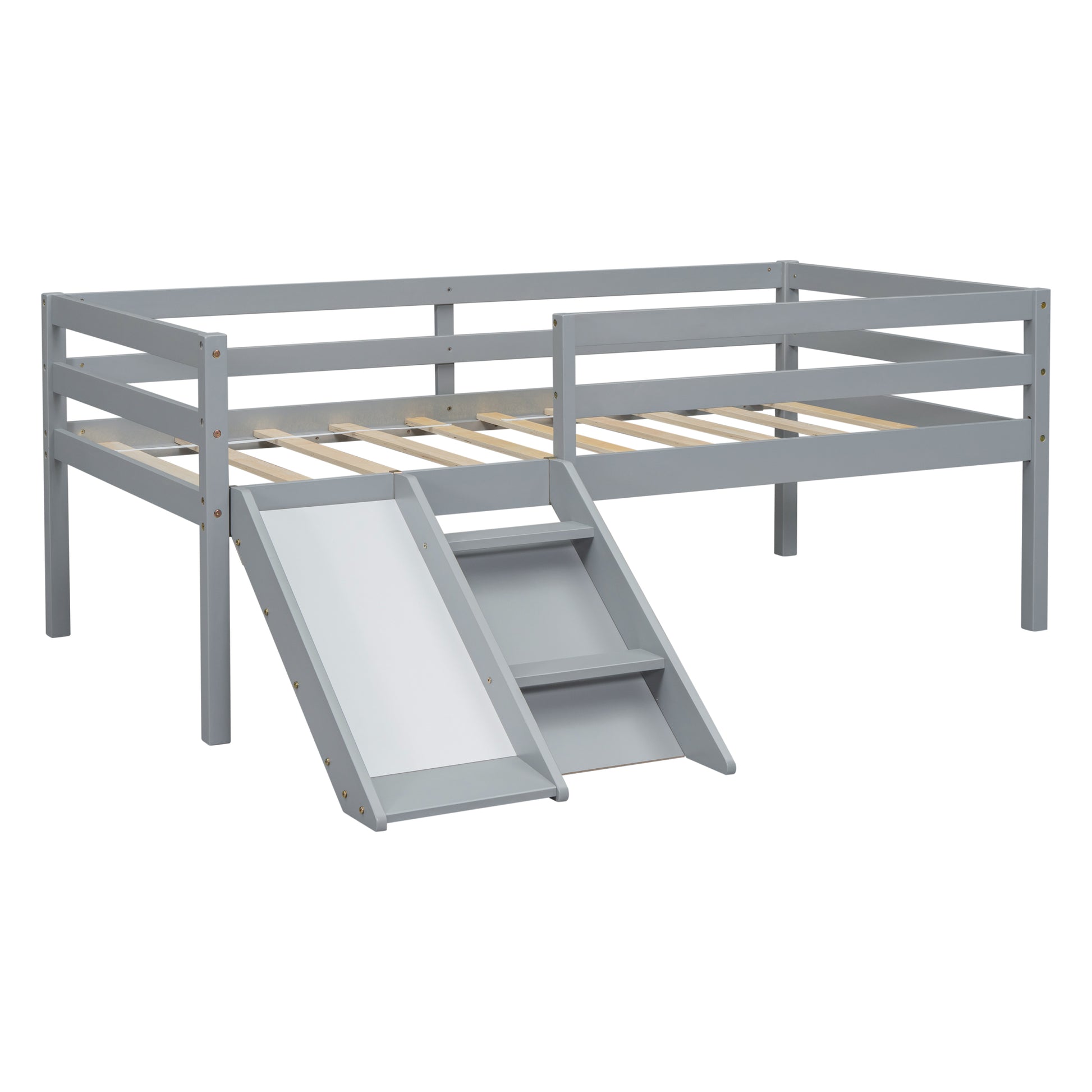 Twin Low Loft Bed With Slide, Ladder, Safety Guardrails, No Box Spring Needed,Grey Twin Grey American Design Pine