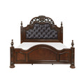 Formal Traditional Eastern King Bed 1Pc Button Tufted Upholstered Headboard Posts Cherry Finish Bedroom Furniture Carving Wood Design Box Spring Required King Cherry Wood Bedroom American Traditional,Traditional Faux Leather Wood