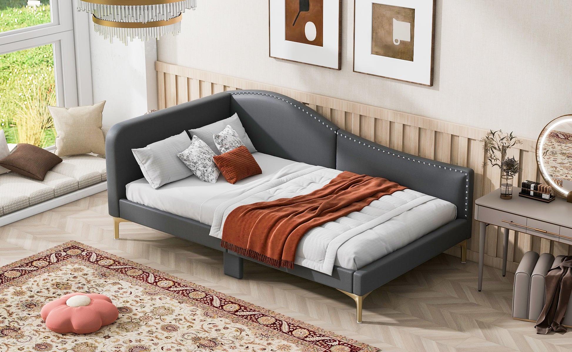 Twin Size Upholstered Daybed With Headboard And Armrest, Support Legs, Grey Box Spring Not Required Twin Grey Wood Daybeds Linen Upholstered