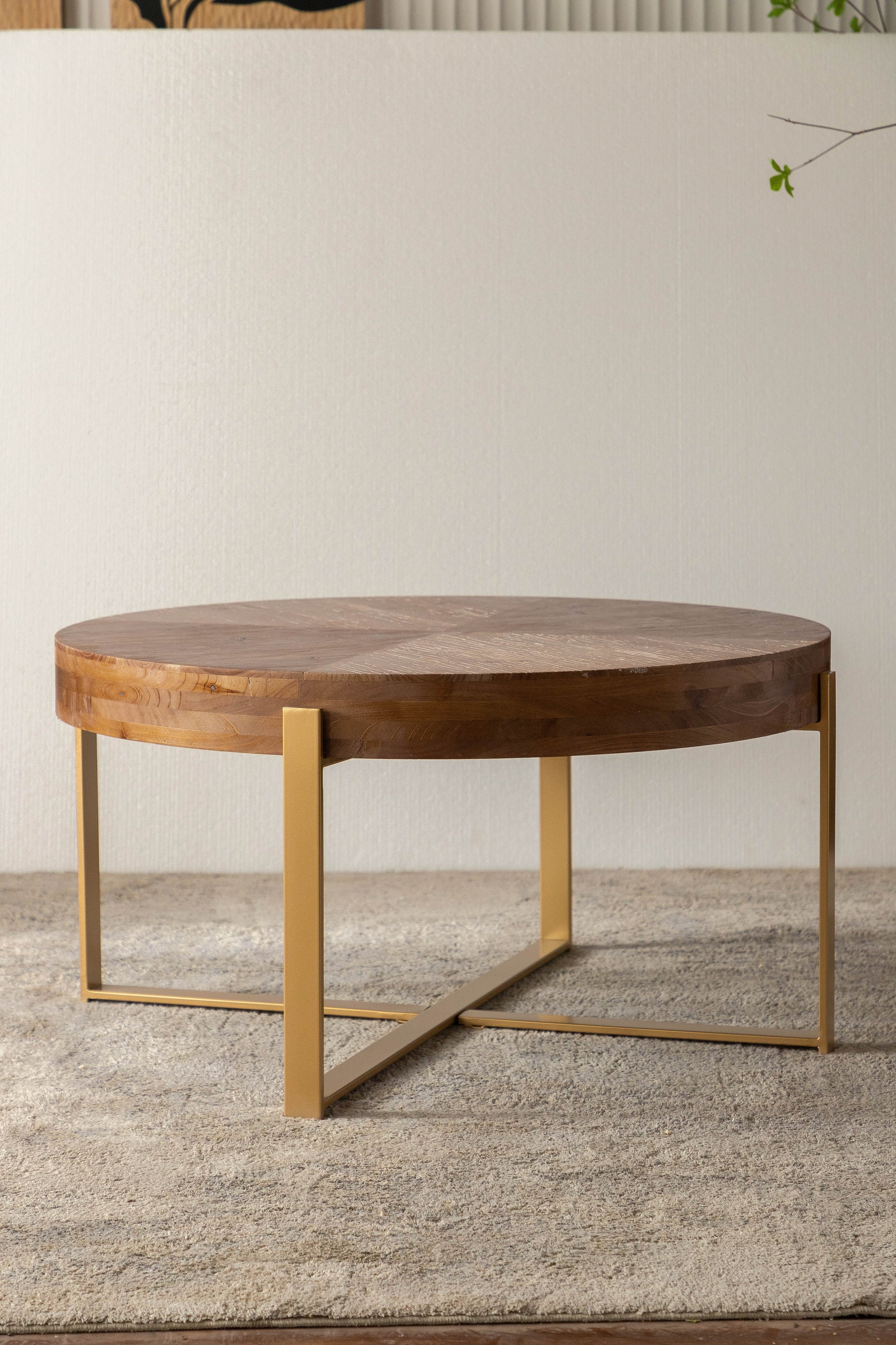 33.86"Modern Retro Splicing Round Coffee Table,Fir Wood Table Top With Gold Cross Legs Base Same Sku:W757127348 Gold Metal & Wood