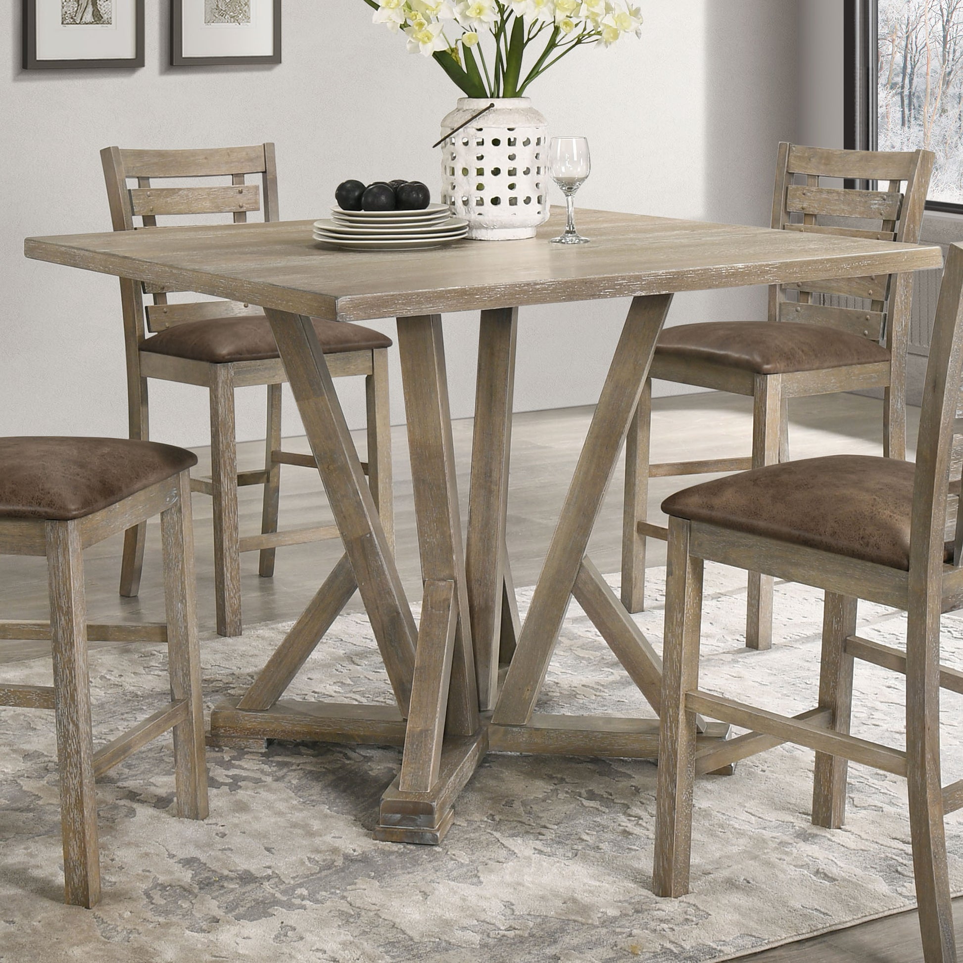 Modern Farmhouse Square Counter Table 45Inch Solid Wood Rubberwood Antique Finishing Rustic Look Distressed Look Wire Brushed For 4 Seaters 36Inch Height Grayish Brown Light Brown Distressed Finish Dining Room Antique,Farmhouse,French