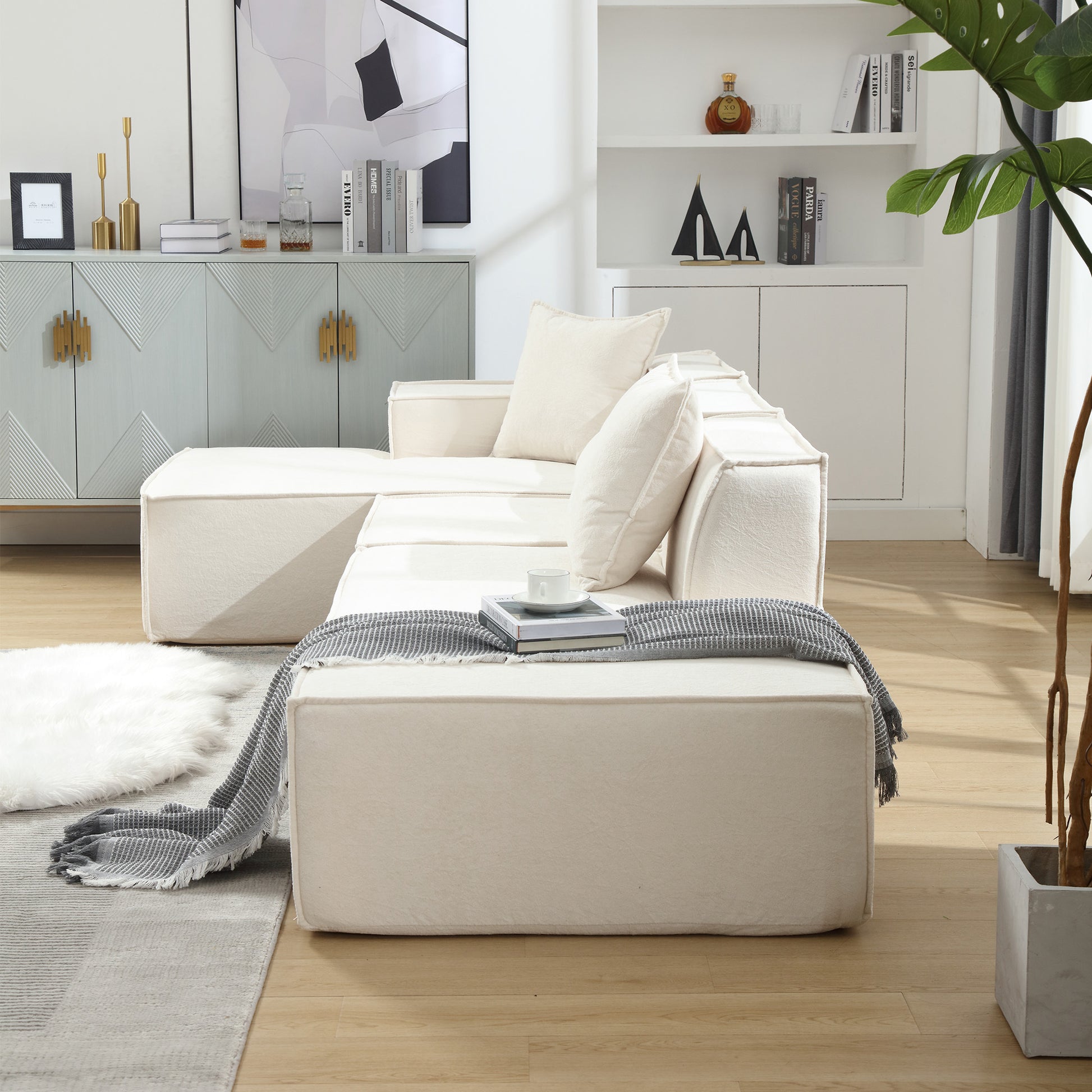 Modular Combination Living Room Sofa Set, Modern Minimalist Sofa, Free Installation Sofa, L Shaped, Italian Minimalist Tofu Block Sofa, Left Hand Facing,Terrycloth Fabricbeige Beige Polyester Primary Living Space Soft Modern Polyester 3 Seat