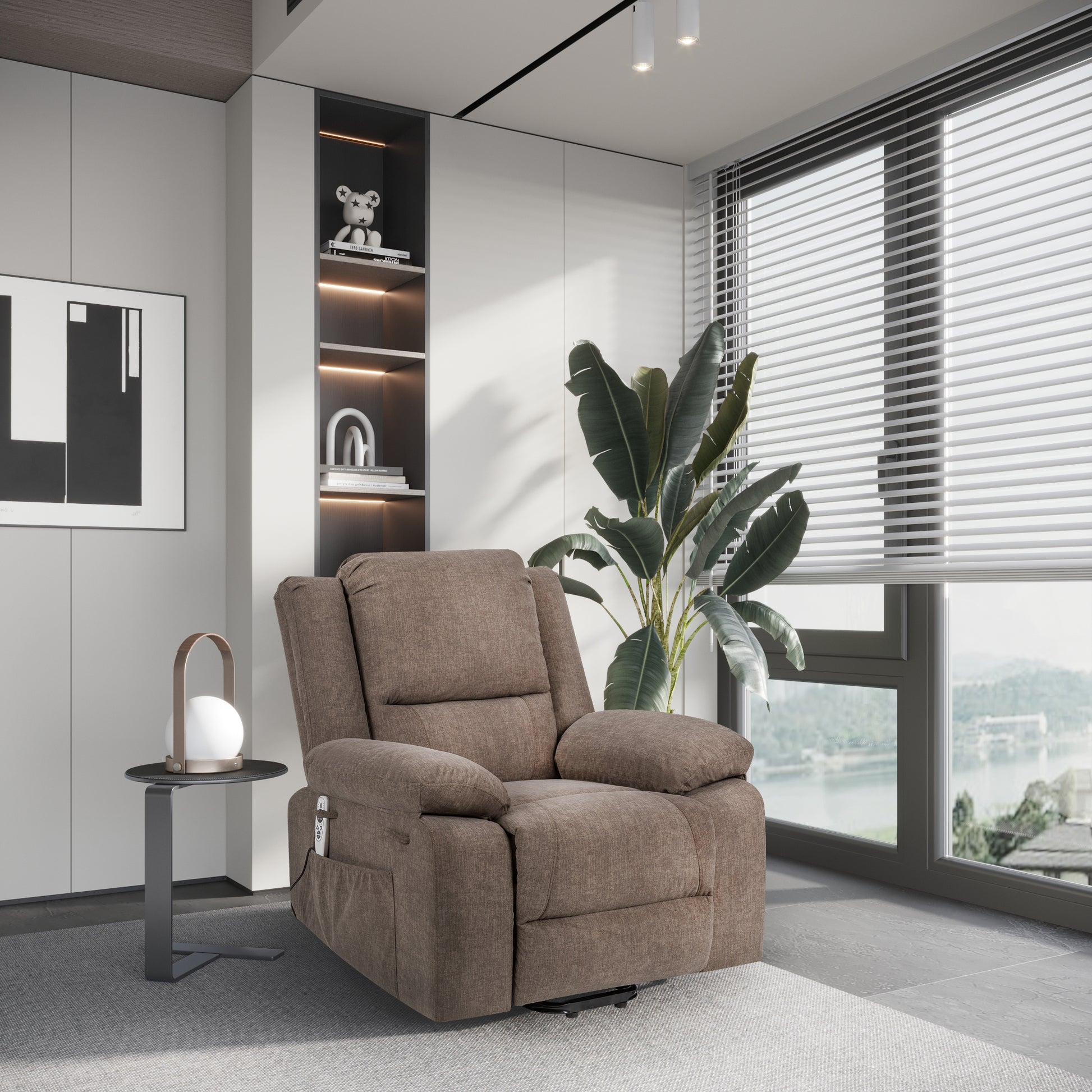Electric Power Recliner Chair With Massage For Elderly ,Remote Control Multi Function Lifting, Timing, Cushion Heating Chair With Side Pocket Brown Brown Power Remote Metal Primary Living Space American Design Cat Scratch Fabric