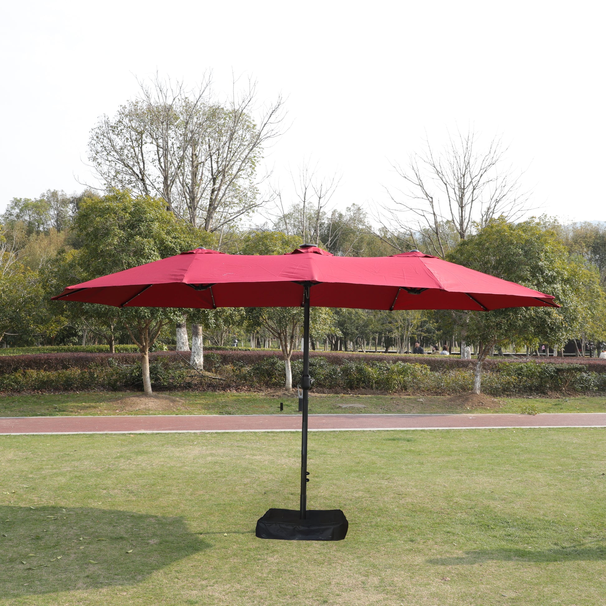15X9Ft Large Double Sided Rectangular Outdoor Twin Patio Market Umbrella With Light And Base Red Red Metal