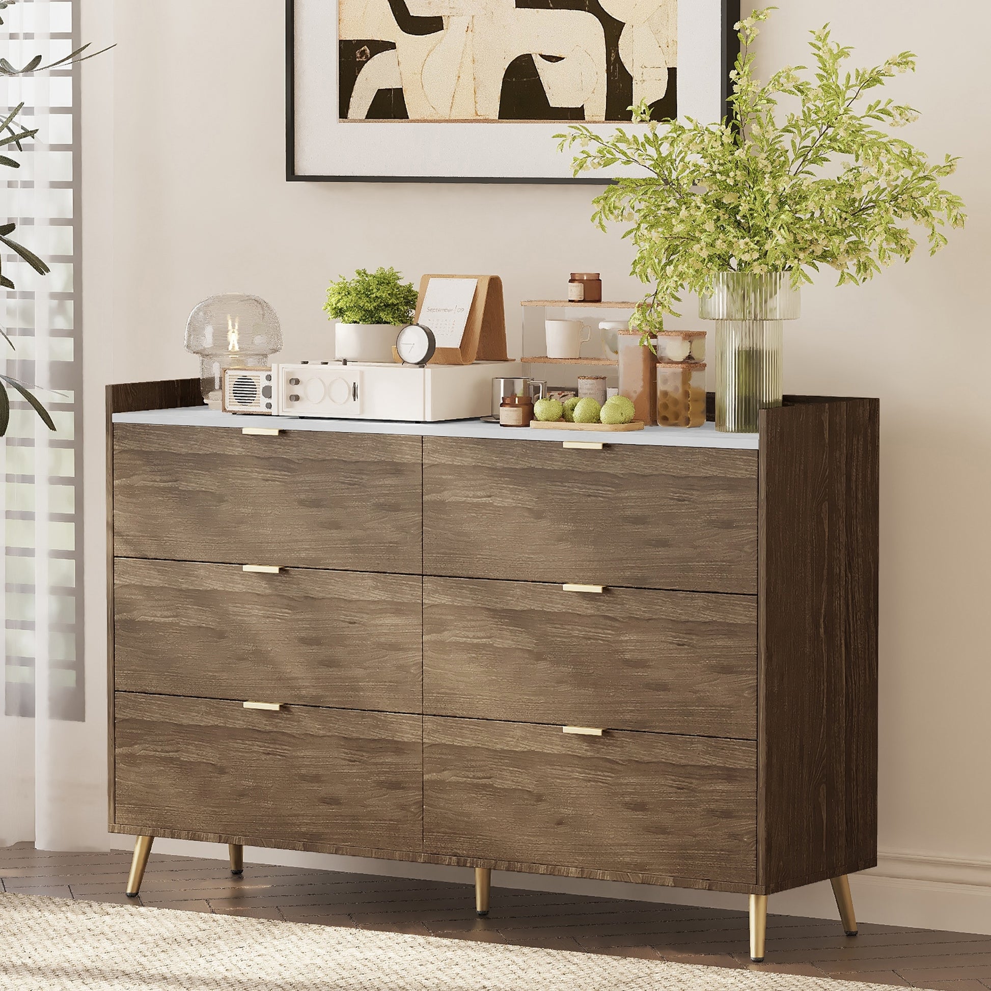 55" Long 6 Drawer Dresser With Marbling Worktop, Mordern Storage Cabinet With Metal Leg And Handle For Bedroom,Walnut Walnut Mdf Metal