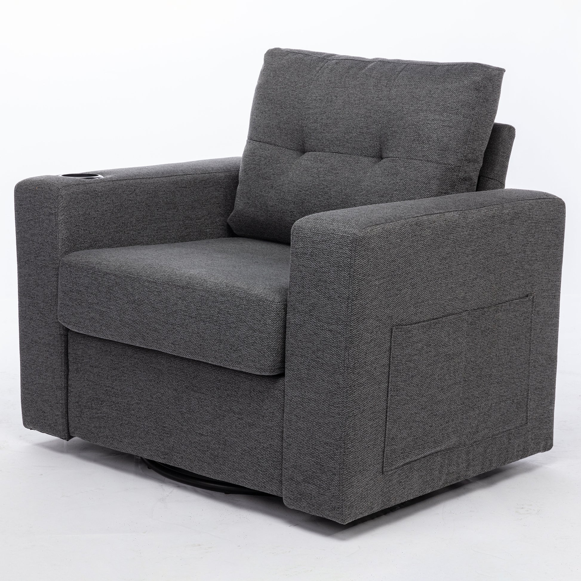 Modern Swivel Accent Sofa Chair, Ergonomic Casual 90 Degree Swivel Single Sofa Seat With Drink Holder Living Room Chair ,Soft Egyptian Velvet Sofa Chair Grey Brown Wood Primary Living Space Delicate Duty Pine 1 Seat Grey Linen Soft Cushion Back Art