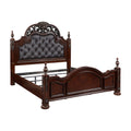 Formal Traditional Eastern King Bed 1Pc Button Tufted Upholstered Headboard Posts Cherry Finish Bedroom Furniture Carving Wood Design Box Spring Required King Cherry Wood Bedroom American Traditional,Traditional Faux Leather Wood