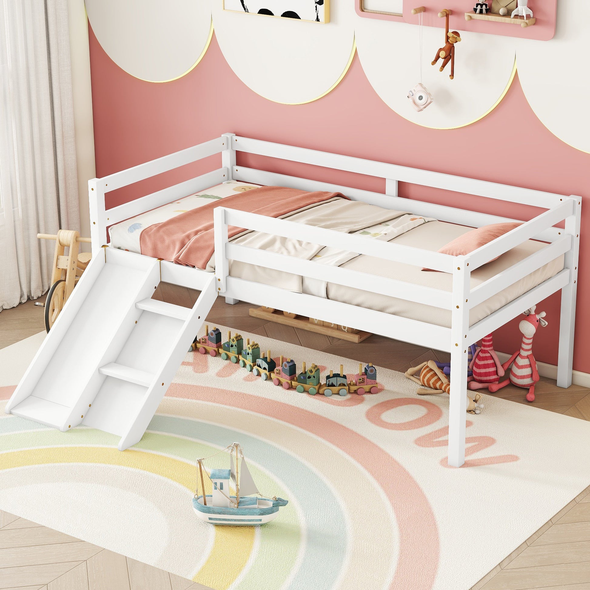 Twin Low Loft Bed With Slide, Ladder, Safety Guardrails, No Box Spring Needed,White Twin White American Design Pine