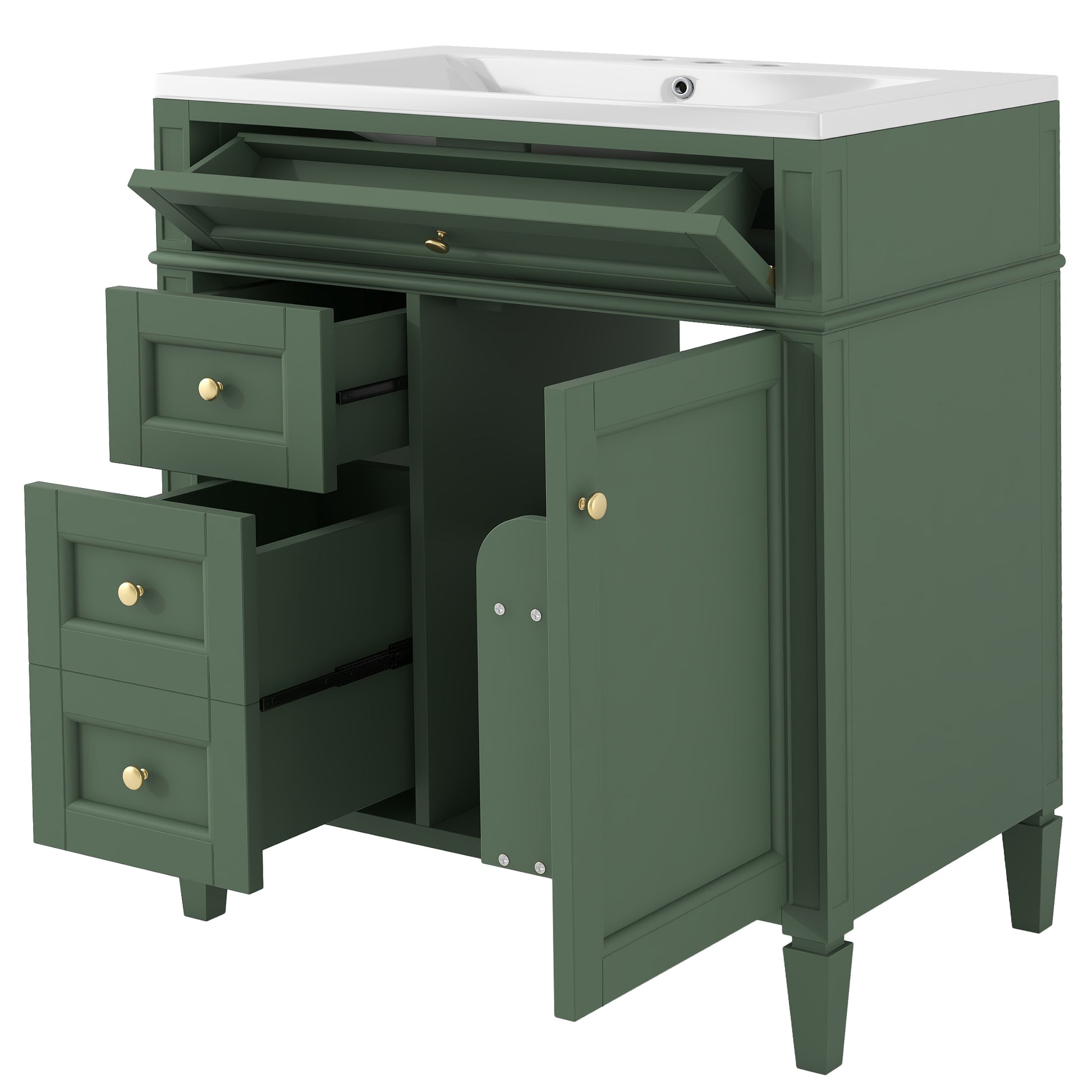 30'' Bathroom Vanity With Top Sink, Modern Bathroom Storage Cabinet With 2 Drawers And A Tip Out Drawer, Freestanding Vanity Set With Mirror Cabinet, Single Sink Bathroom Vanity 3 Green 2 5 Bathroom Freestanding Solid Wood Mdf Resin Painted