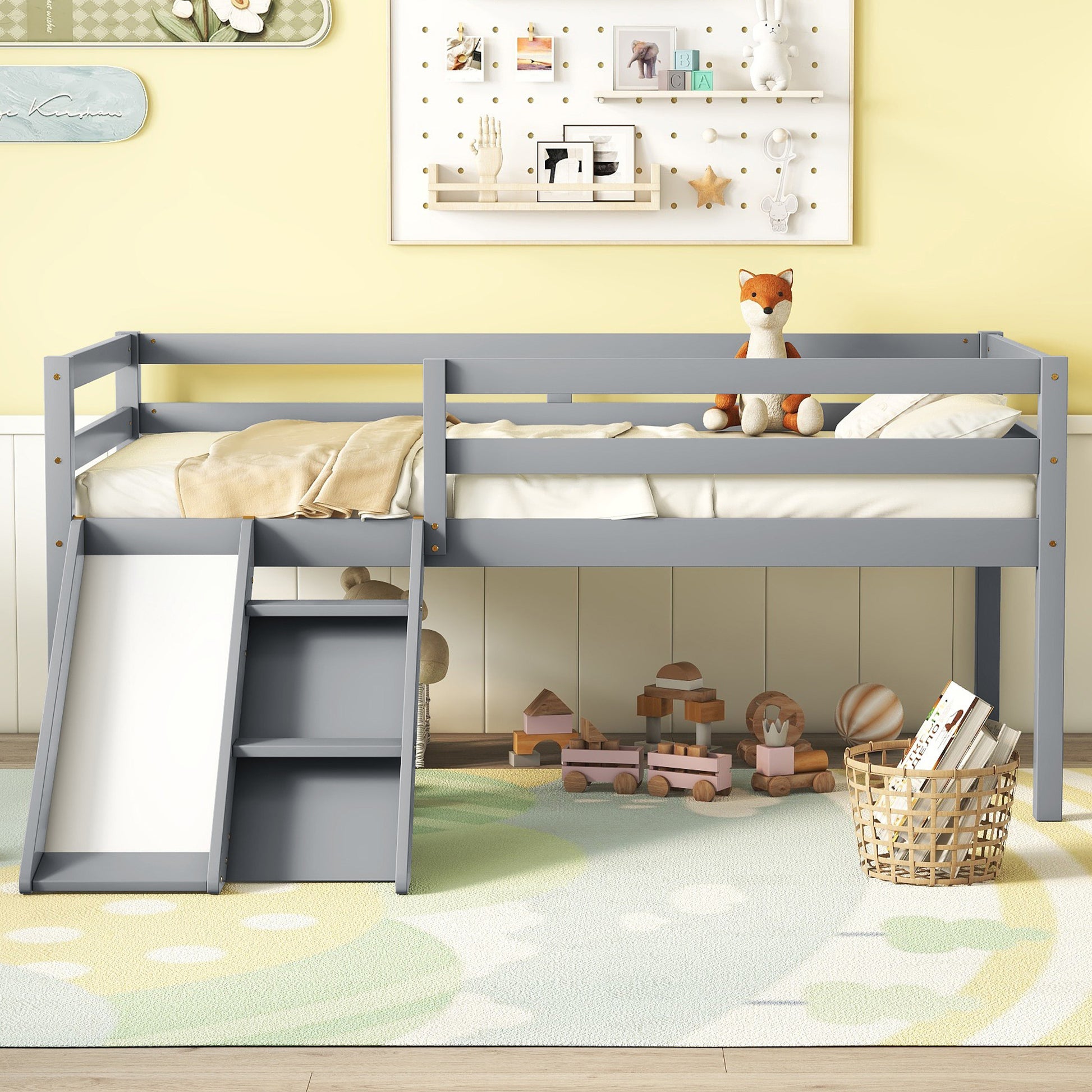 Twin Low Loft Bed With Slide, Ladder, Safety Guardrails, No Box Spring Needed,Grey Twin Grey American Design Pine