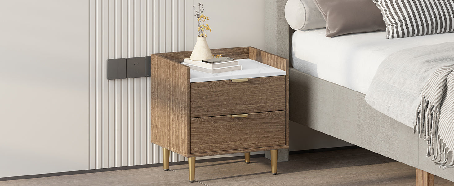 Wooden Nightstand With 2 Drawers And Marbling Worktop, Mordern Wood Bedside Table With Metal Legs&Handles, Walnut Walnut Mdf Metal