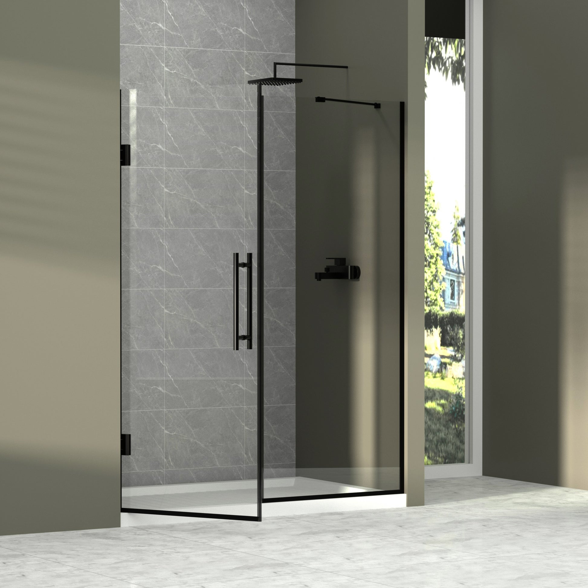 58 58 2 1In. W X 71 In. H Semi Frameless Double Hinges Shower Door In Matte Black,Tempered Glass,Reversible Installation Black Glass