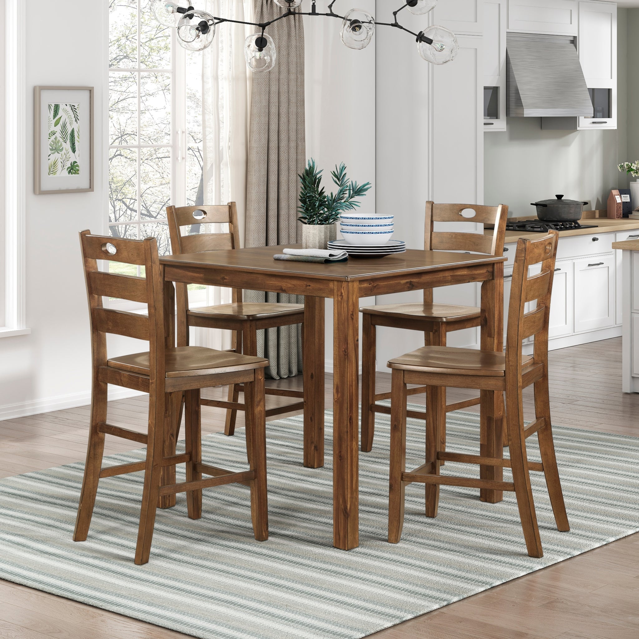 Counter Height 5Pc Dining Set Walnut Finish Table And 4 Counter Height Chairs Wooden Kitchen Dining Furniture Transitional Style Wood Walnut Seats 4 Wood Dining Room 36 Inches Casual,Transitional Square Dining Table With Chair Wood