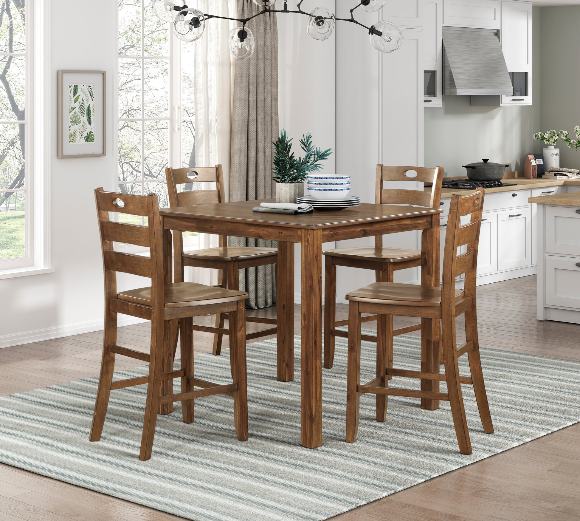 Counter Height 5Pc Dining Set Walnut Finish Table And 4 Counter Height Chairs Wooden Kitchen Dining Furniture Transitional Style Wood Walnut Seats 4 Wood Dining Room 36 Inches Casual,Transitional Square Dining Table With Chair Wood