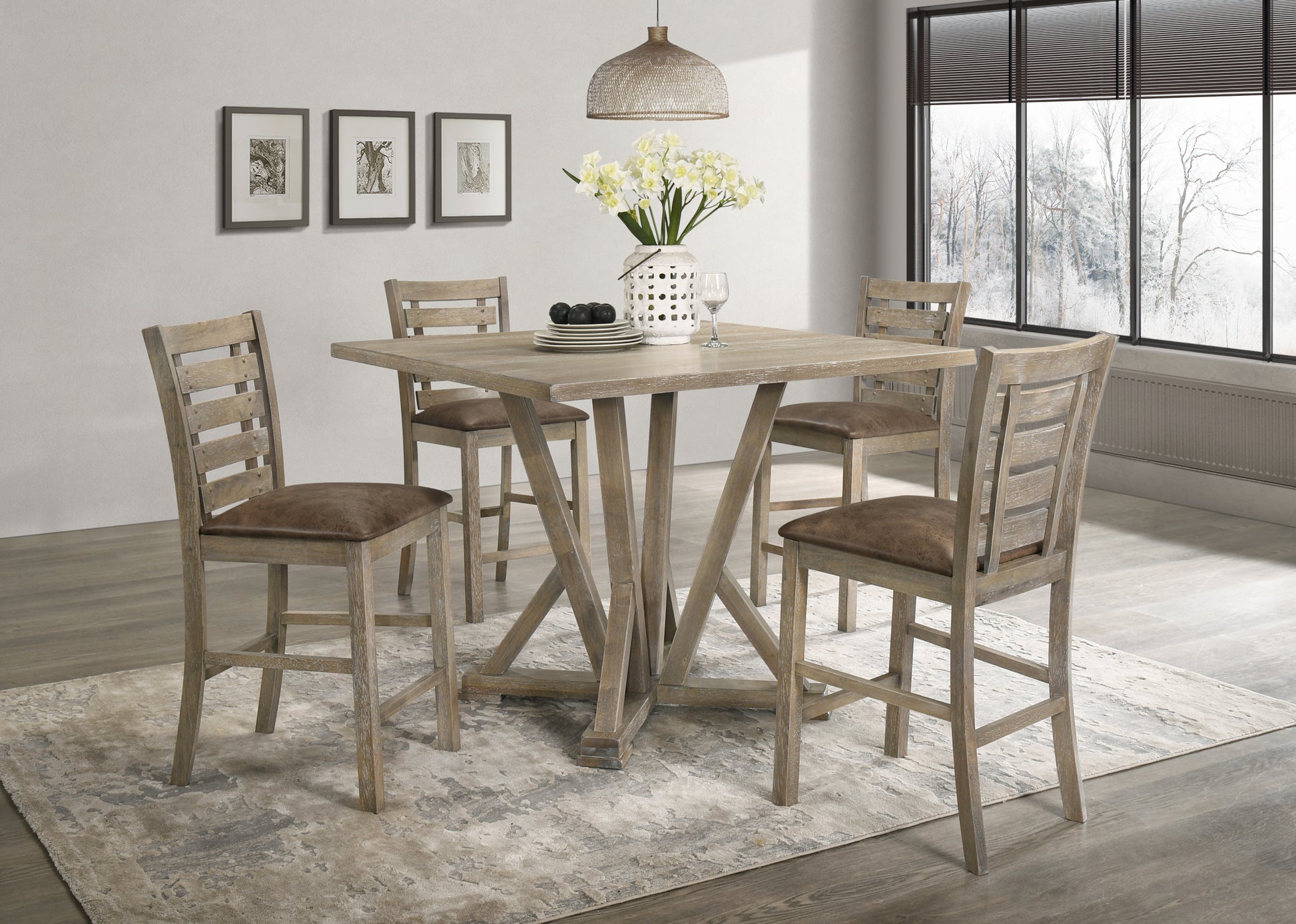 5Pcs Set Counter Table Set Square Counter Table Solid Wood Modern Farmhouse Rustic Look Distressed Look Light Brown Dining Room Fixed Table Rubberwood Square Dining Table With Chair Wood Grayish Brown Ladder Back Seats 4 48 Inches American
