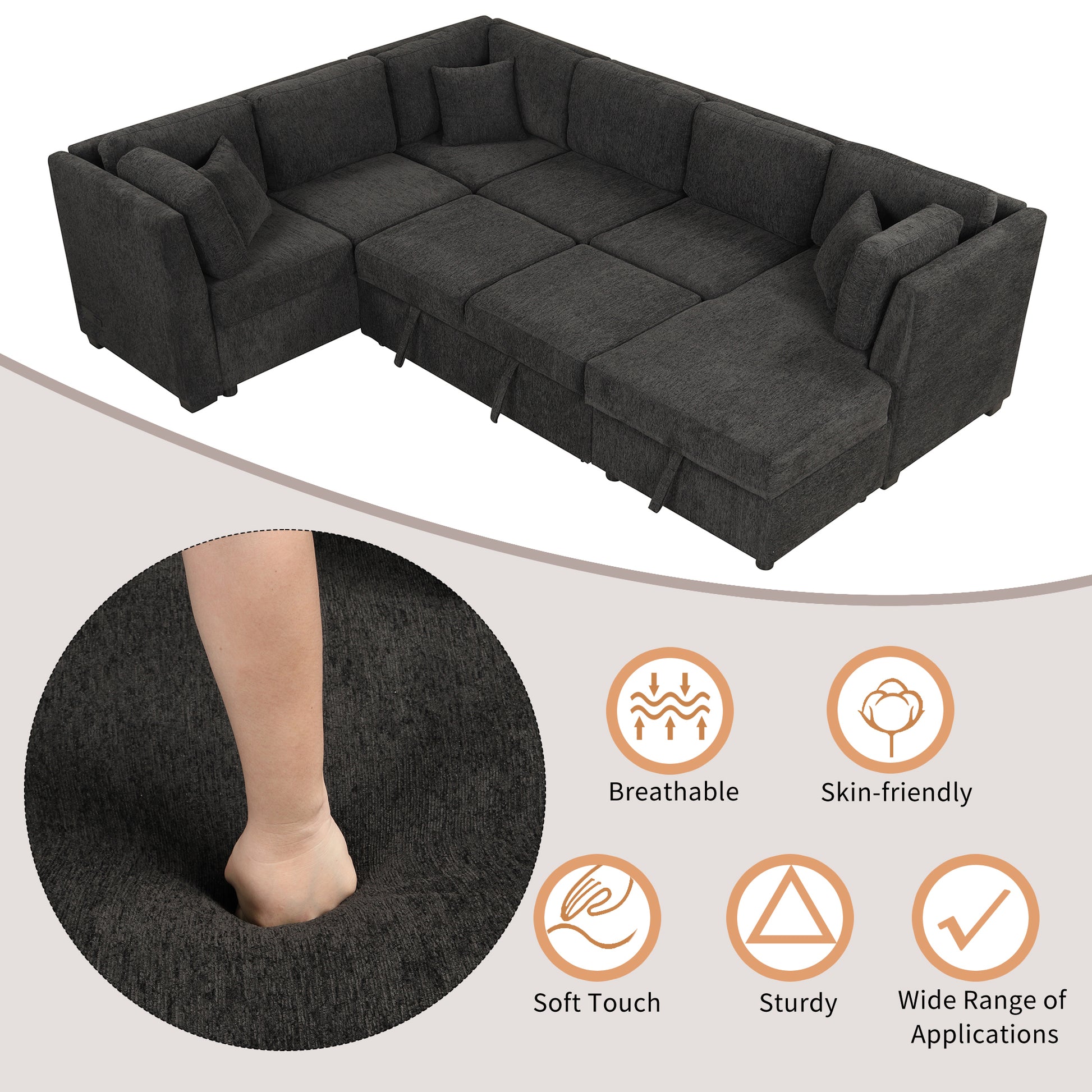 108.6" U Shaped Sectional Sofa Pull Out Sofa Bed With Two Usb Ports, Two Power Sockets, Three Back Pillows And A Storage Chaise For Living Room, Black Black Foam Chenille 5 Seat