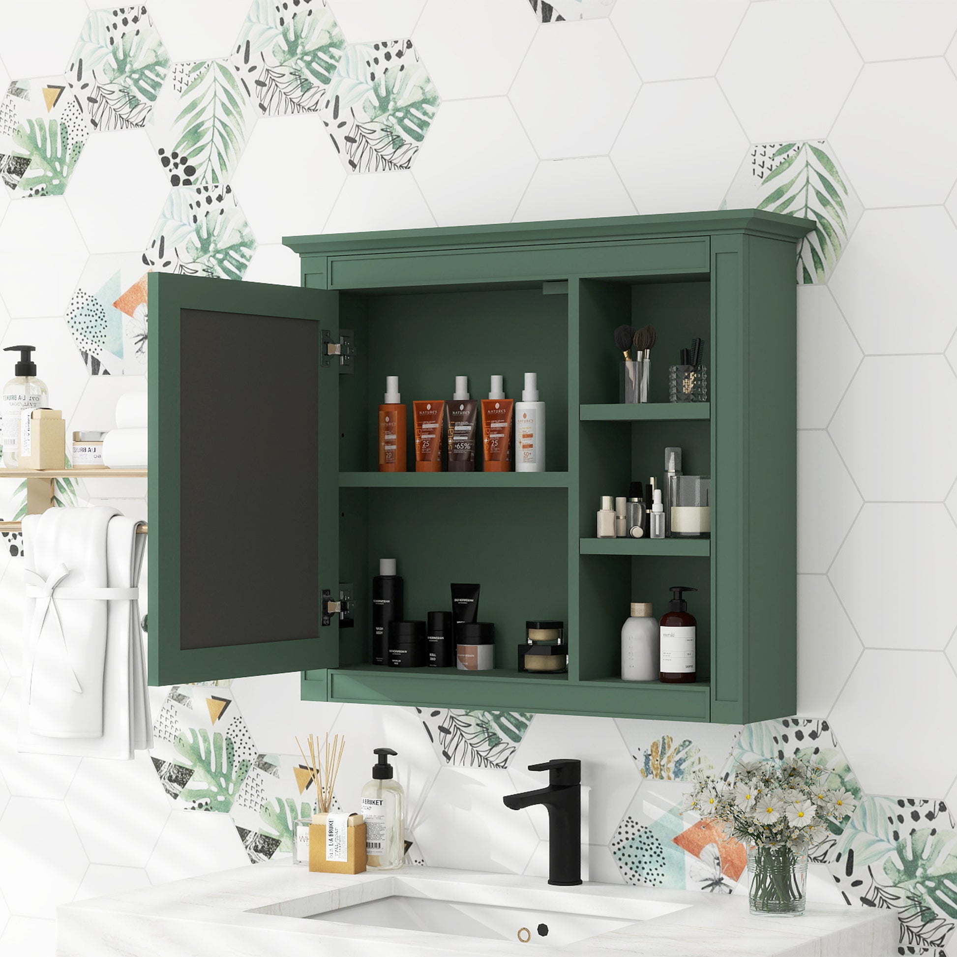 30'' X 28'' Medicine Cabinet, Wall Mounted Bathroom Storage Cabinet, Modern Bathroom Wall Cabinet With Mirror,Medicine Cabinet, Mirror Cabinet With 3 Open Shelves Not Include Bathroom Vanity Green 1 5 Mirror Included Bathroom Wall Mounted Mdf Glass