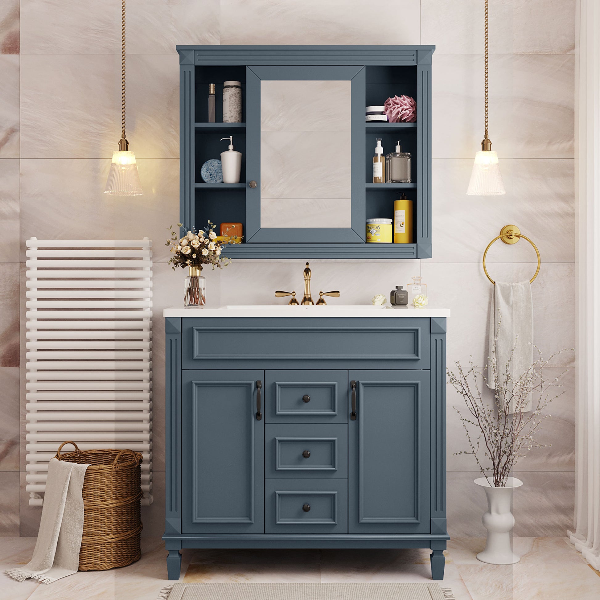 36'' Bathroom Vanity With Top Sink, Royal Blue Mirror Cabinet, Modern Bathroom Storage Cabinet With 2 Soft Closing Doors And 2 Drawers, Single Sink Bathroom Vanity Blue Mdf