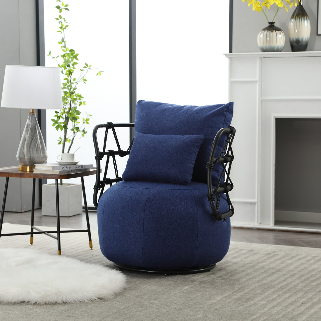 Coolmore Upholstered Tufted Living Room Chair Textured Linen Fabric Accent Chair With Metal Stand Navy Linen
