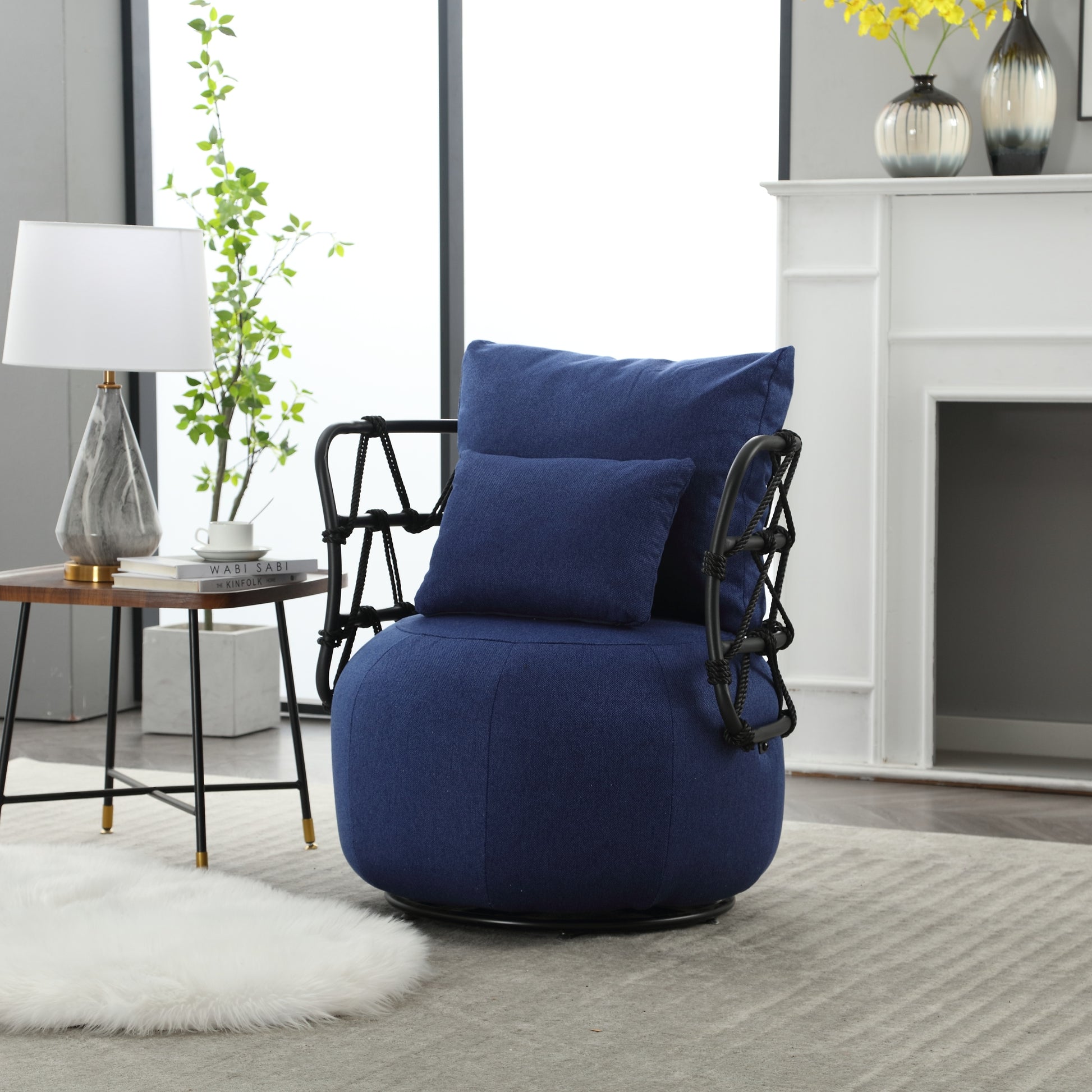 Coolmore Upholstered Tufted Living Room Chair Textured Linen Fabric Accent Chair With Metal Stand Navy Linen