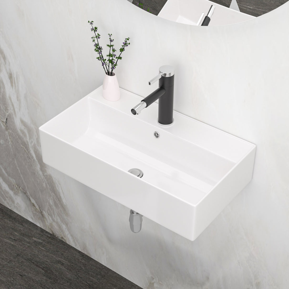 21X12 Inch White Ceramic Rectangle Wall Mount Bathroom Sink With Single Faucet Hole And Overflow White Ceramic