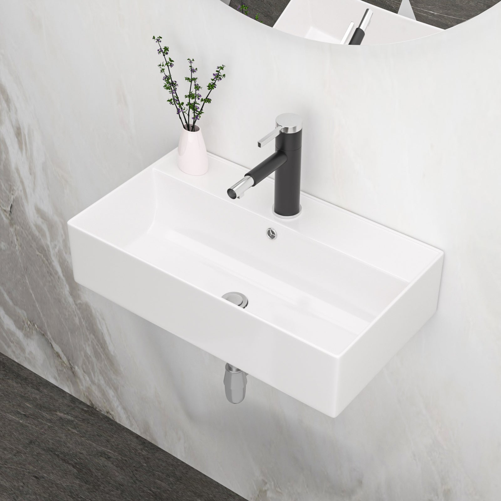 21X12 Inch White Ceramic Rectangle Wall Mount Bathroom Sink With Single Faucet Hole And Overflow White Ceramic