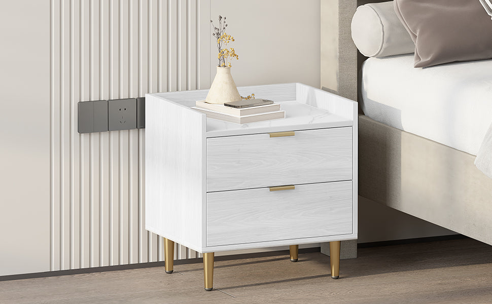 Wooden Nightstand With 2 Drawers And Marbling Worktop, Mordern Wood Bedside Table With Metal Legs&Handles,White White Mdf Metal