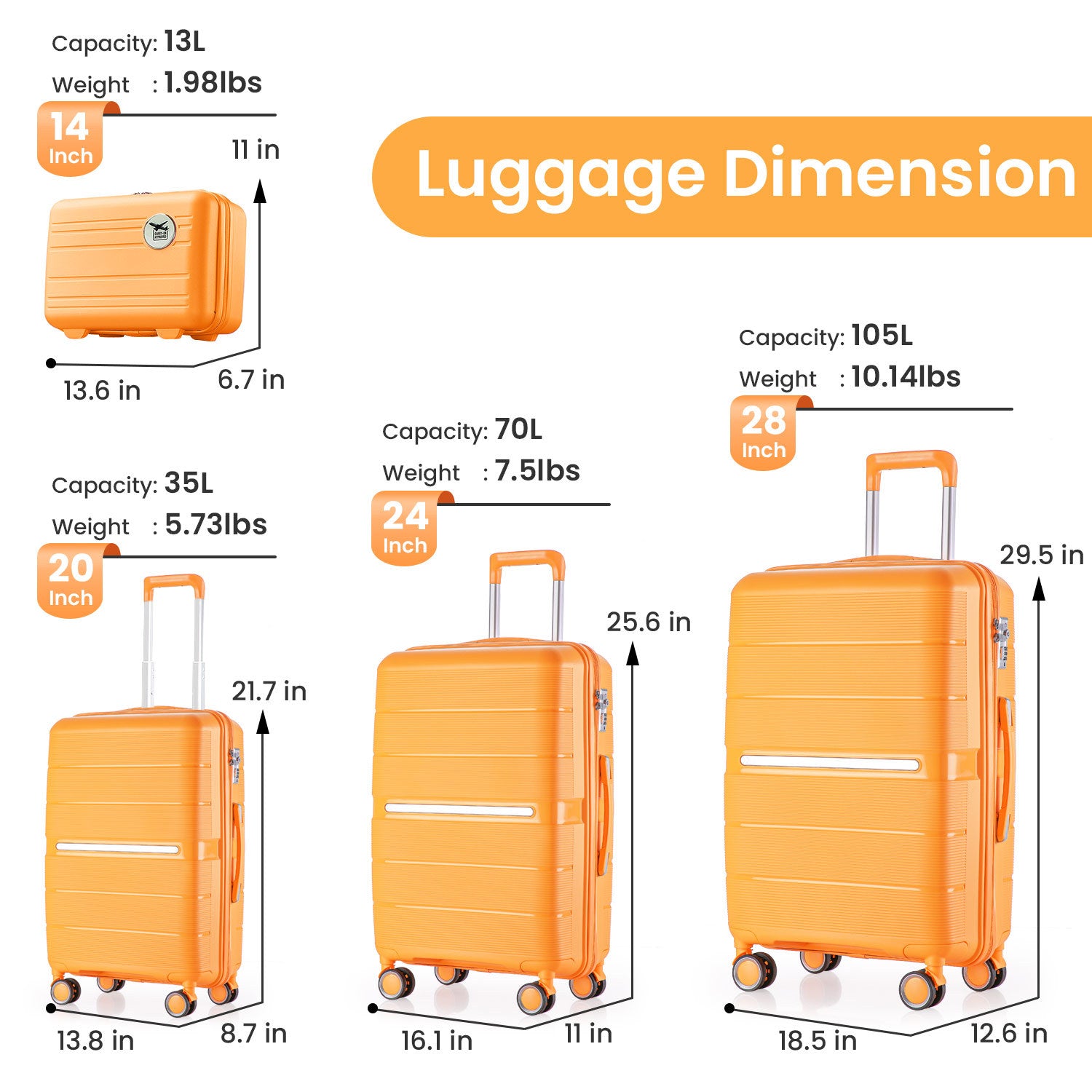 Luggage Sets 4 Piece 14 20 24 28 Pp Lightweight & Durable Expandable Suitcase Orange Polypropylene