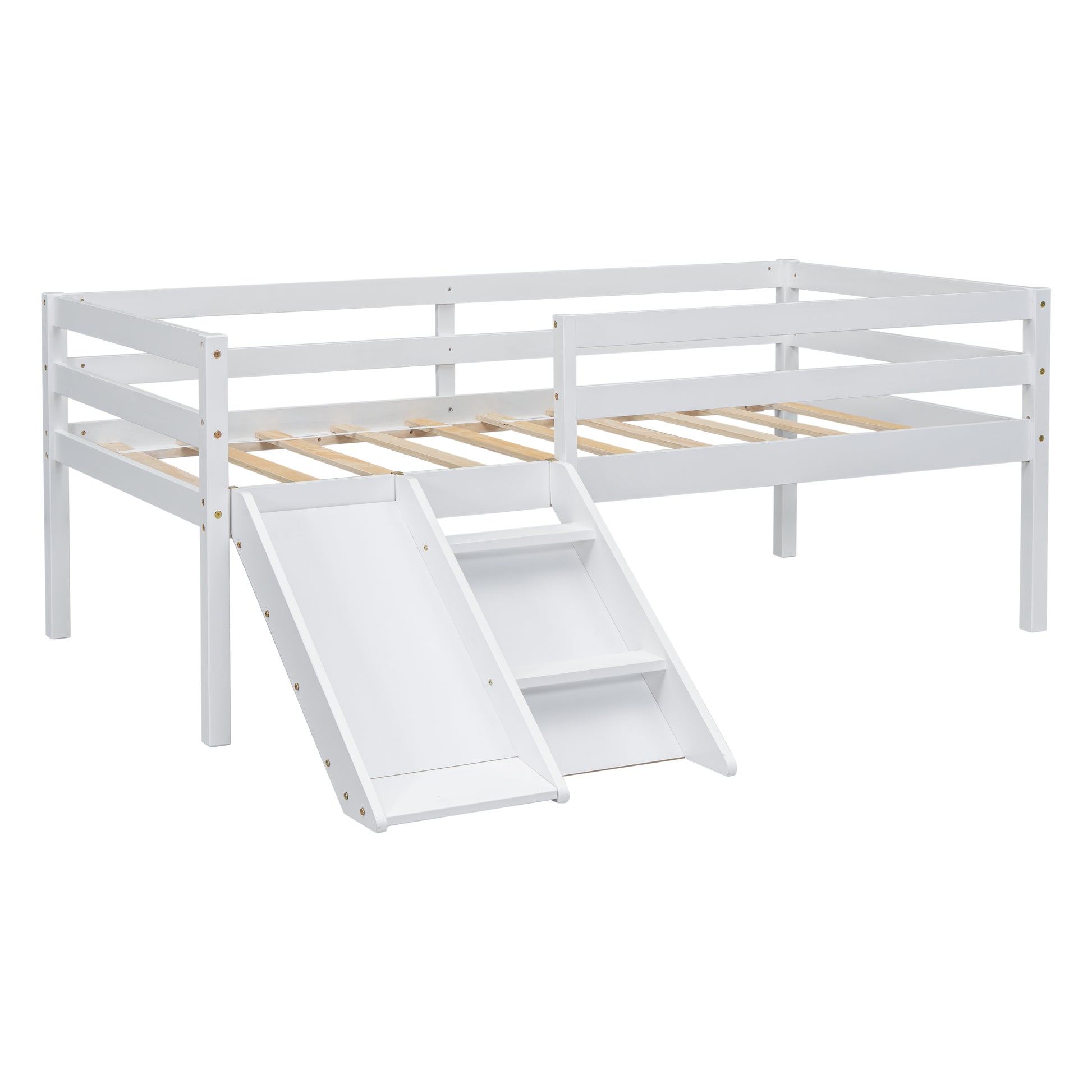 Twin Low Loft Bed With Slide, Ladder, Safety Guardrails, No Box Spring Needed,White Twin White American Design Pine