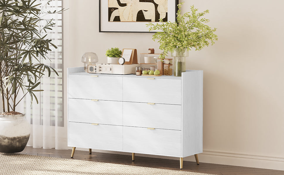 55" Long 6 Drawer Dresser With Marbling Worktop, Mordern Storage Cabinet With Metal Leg And Handle For Bedroom, White White Mdf Metal