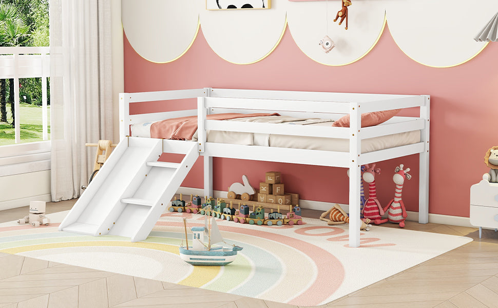 Twin Low Loft Bed With Slide, Ladder, Safety Guardrails, No Box Spring Needed,White Twin White American Design Pine