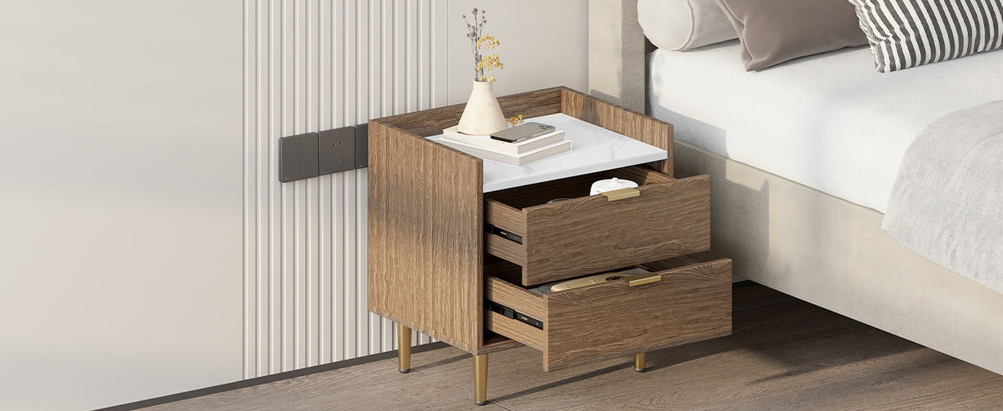 Wooden Nightstand With 2 Drawers And Marbling Worktop, Mordern Wood Bedside Table With Metal Legs&Handles, Walnut Walnut Mdf Metal