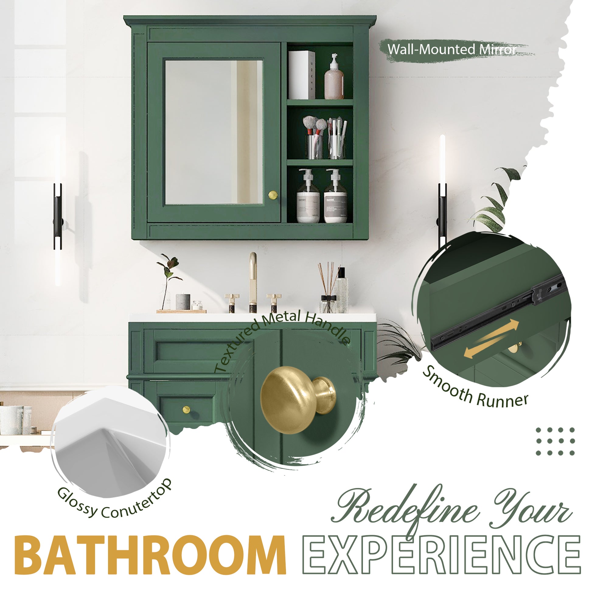 30'' Bathroom Vanity With Top Sink, Modern Bathroom Storage Cabinet With 2 Drawers And A Tip Out Drawer, Freestanding Vanity Set With Mirror Cabinet, Single Sink Bathroom Vanity 3 Green 2 5 Bathroom Freestanding Solid Wood Mdf Resin Painted