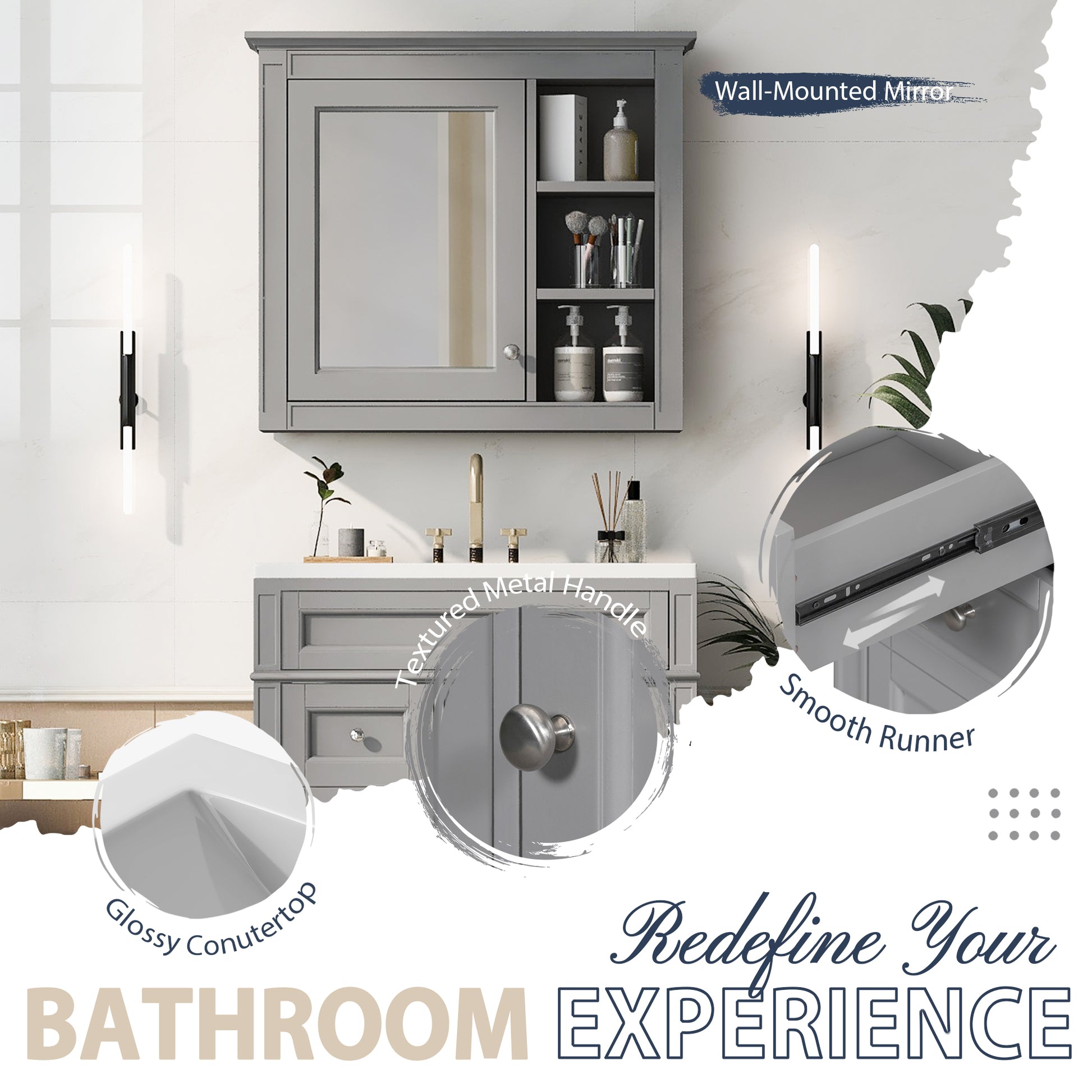 30'' Bathroom Vanity With Top Sink, Modern Bathroom Storage Cabinet With 2 Drawers And A Tip Out Drawer, Freestanding Vanity Set With Mirror Cabinet, Single Sink Bathroom Vanity 3 Grey 2 5 Bathroom