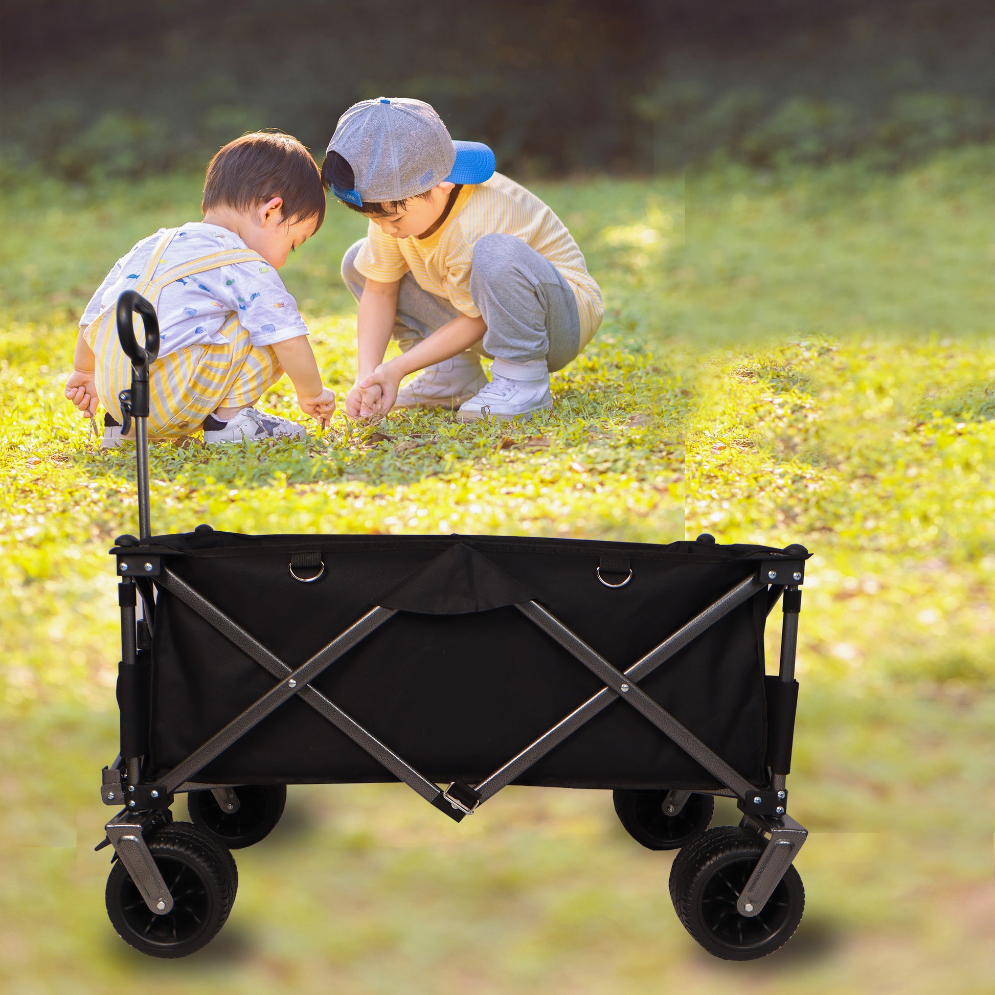 Folding Wagon, Heavy Duty Utility Beach Wagon Cart For Sand With Big Wheels, Adjustable Handle&Drink Holders For Shopping, Camping,Garden And Outdoor Black Garden & Outdoor American Design Fabric Steel