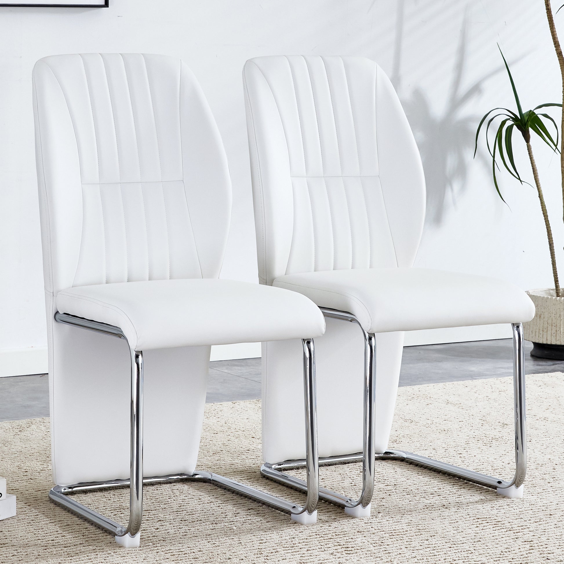 Set Of 4 Dining Chairs, White Dining Chair Set, Pu Material High Backrest Seats And Sturdy Leg Chairs, Suitable For Restaurants, Kitchens, Living Rooms White Pu