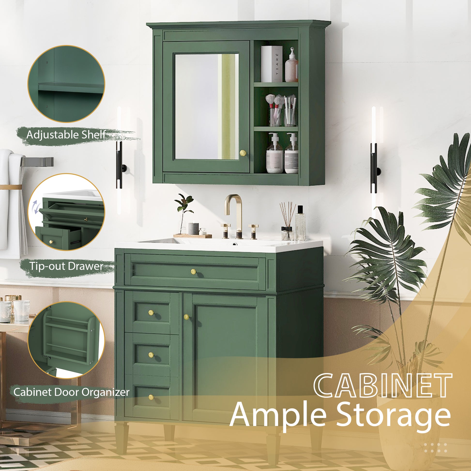 30'' Bathroom Vanity With Top Sink, Modern Bathroom Storage Cabinet With 2 Drawers And A Tip Out Drawer, Freestanding Vanity Set With Mirror Cabinet, Single Sink Bathroom Vanity 3 Green 2 5 Bathroom Freestanding Solid Wood Mdf Resin Painted