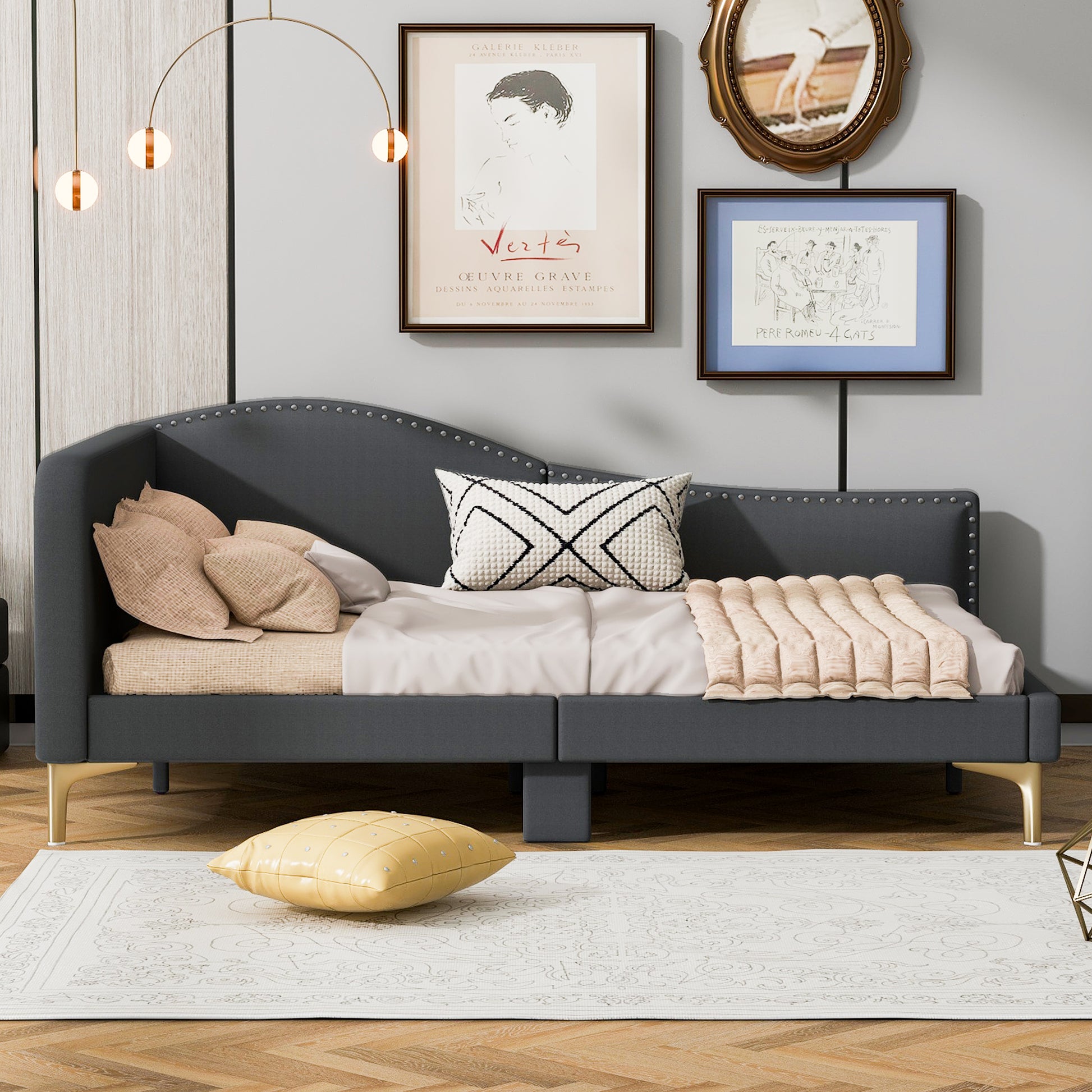 Full Size Upholstered Daybed With Headboard And Armrest, Support Legs, Grey Box Spring Not Required Full Grey Wood Daybeds Linen Upholstered