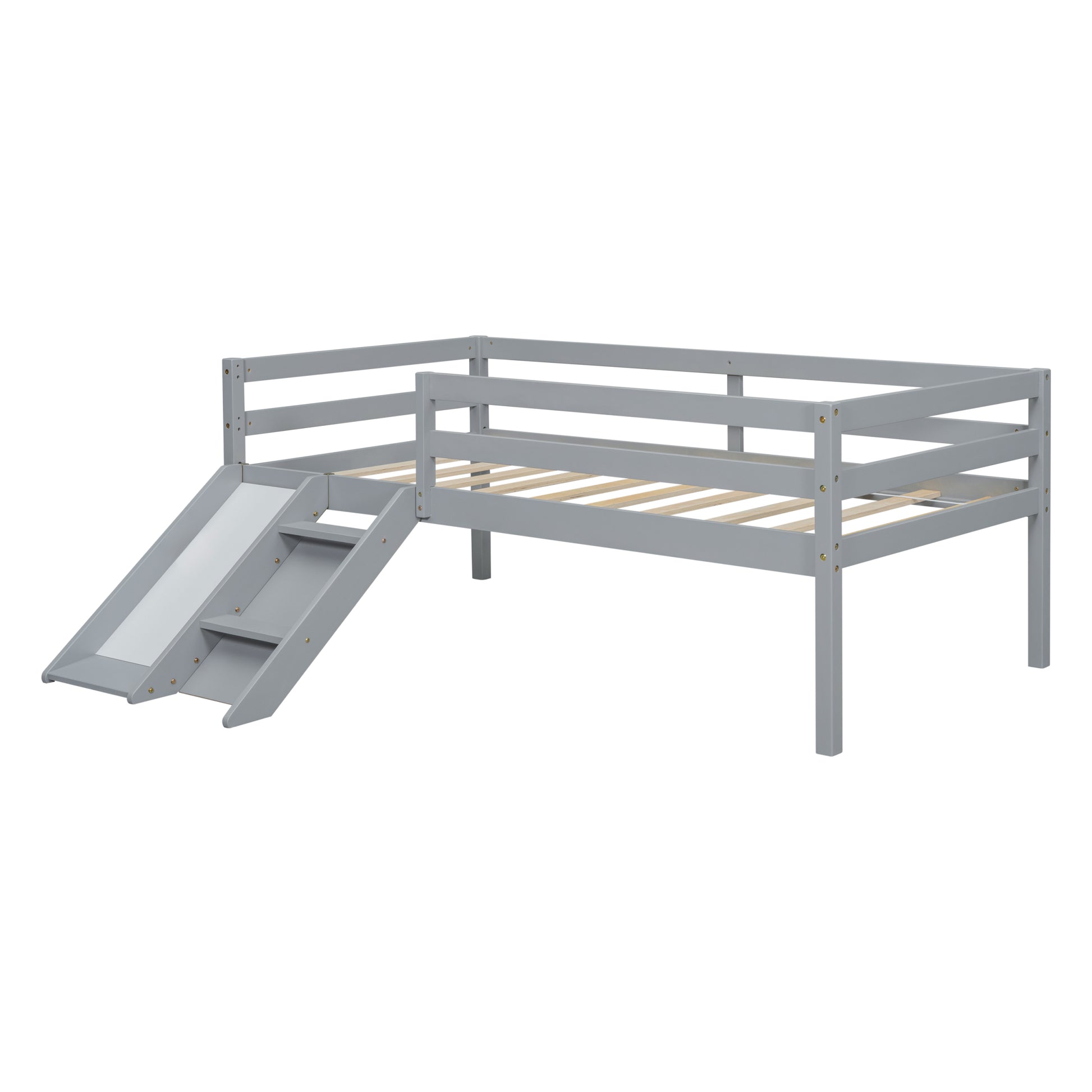 Twin Low Loft Bed With Slide, Ladder, Safety Guardrails, No Box Spring Needed,Grey Twin Grey American Design Pine