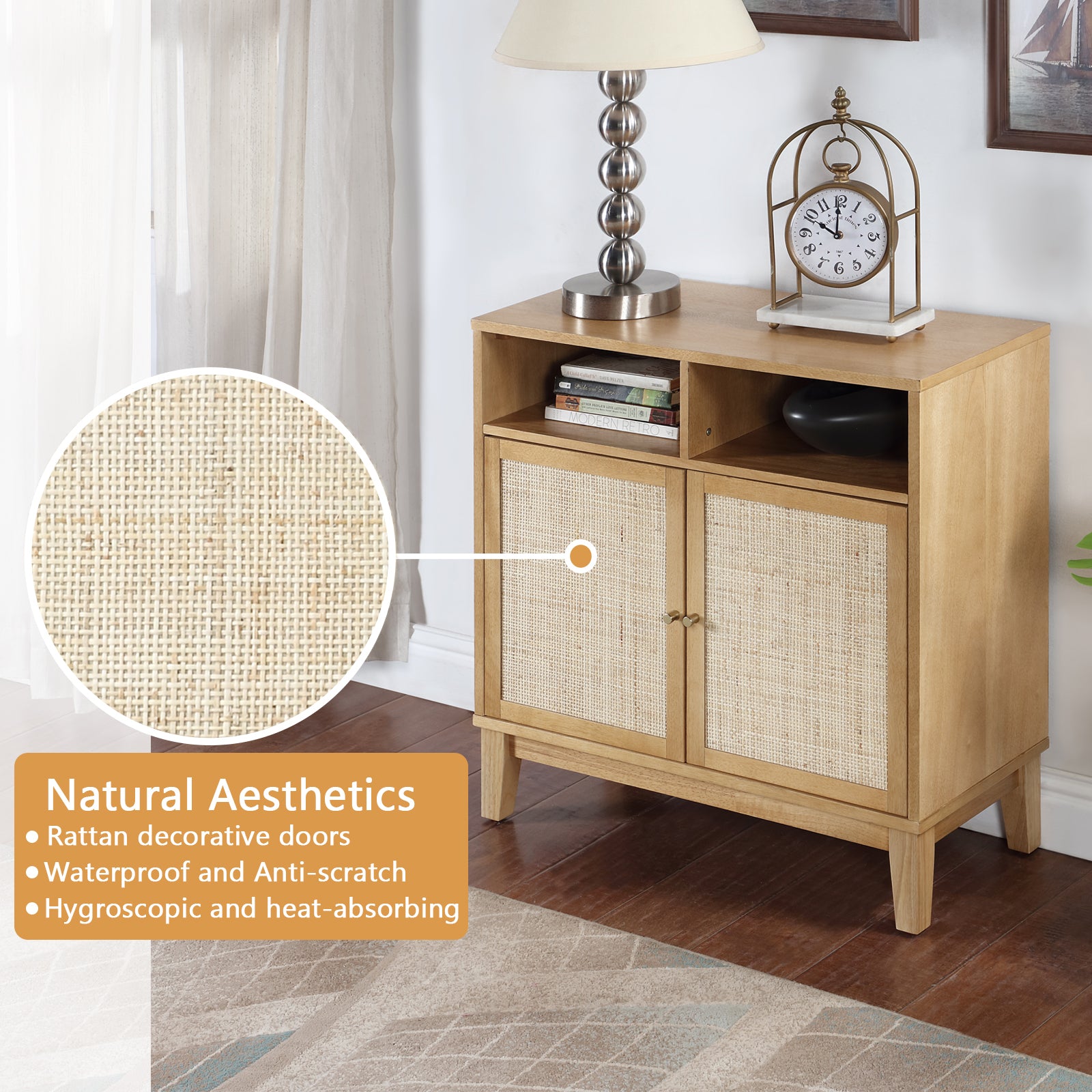Buffet Cabinet With Storage,Storage Cabinet With Natural Rattan Decorated Doors,Rattan Cabinet With Adjustable Shelf,Sideboard For Living Room,Kitchen,Hallway,2 Doors, Storage, Natural Natural Rubber Wood